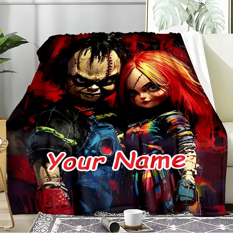 Chucky Horror Movie Flannel Blanket Custom Name Outdoor Flannel Blanket Horror Dolls Couple Blanket for Camping, Hiking, Garden Parties, Picnic Essentials, Perfect Gift for Family And Friends203