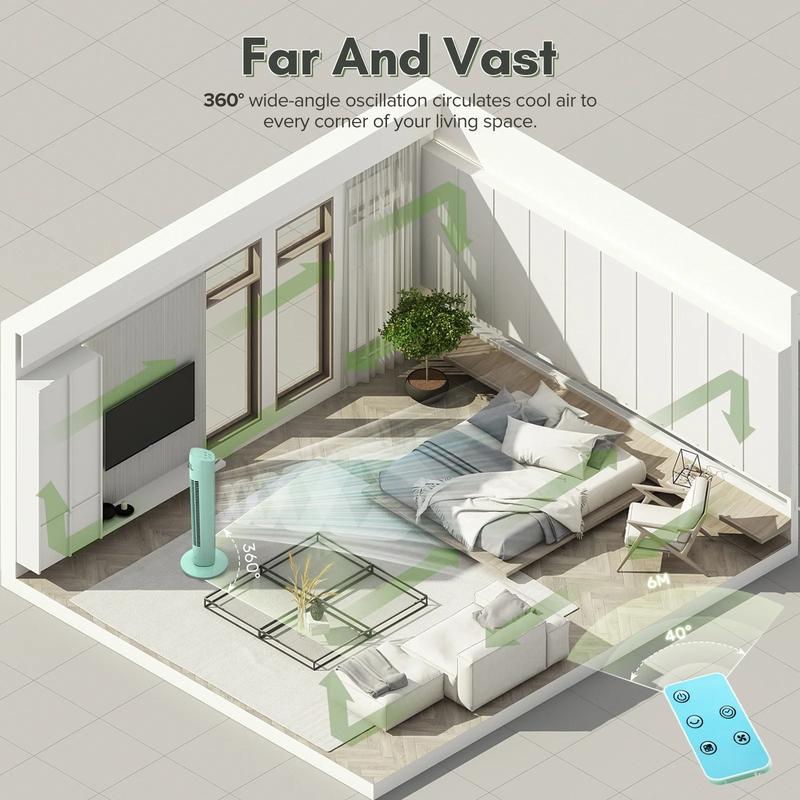 COWSAR Tower Fan for Bedroom, 85° Oscillating Fans with 8 Speeds, 30" Portable Bladeless Standing Fan, 15H Timer, Normal/Natural/Sleep 3 Fan Modes, Freestanding Tower Fans, Green