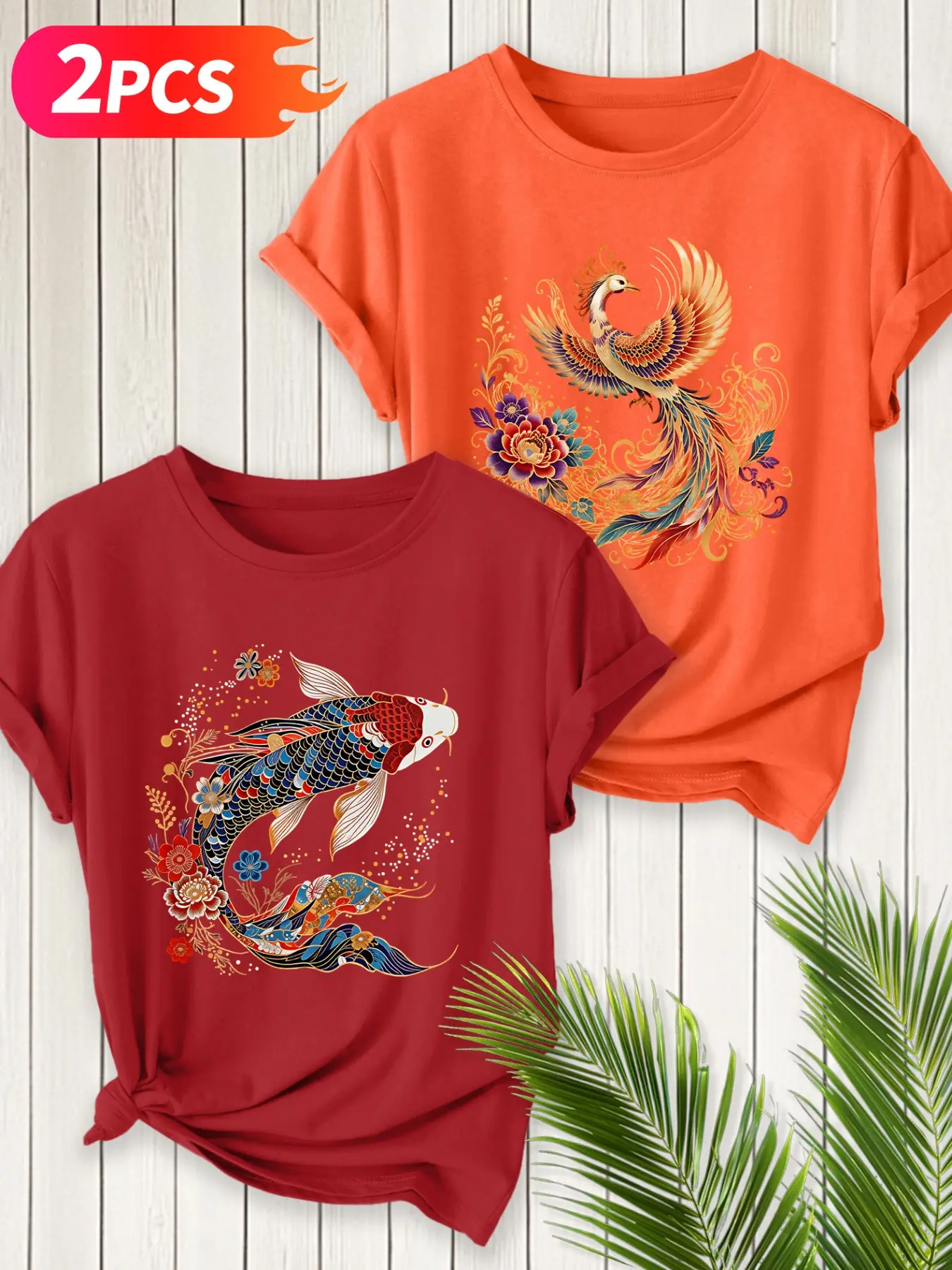 2Pcs Women Crew Neck T-Shirt, Elegant Chinese Auspicious Phoenix And Koi Traditional Print, Multi-color Washable Spring Summer Top, Soft Skin-friendly Fabric Daily Versatile Fashion Design