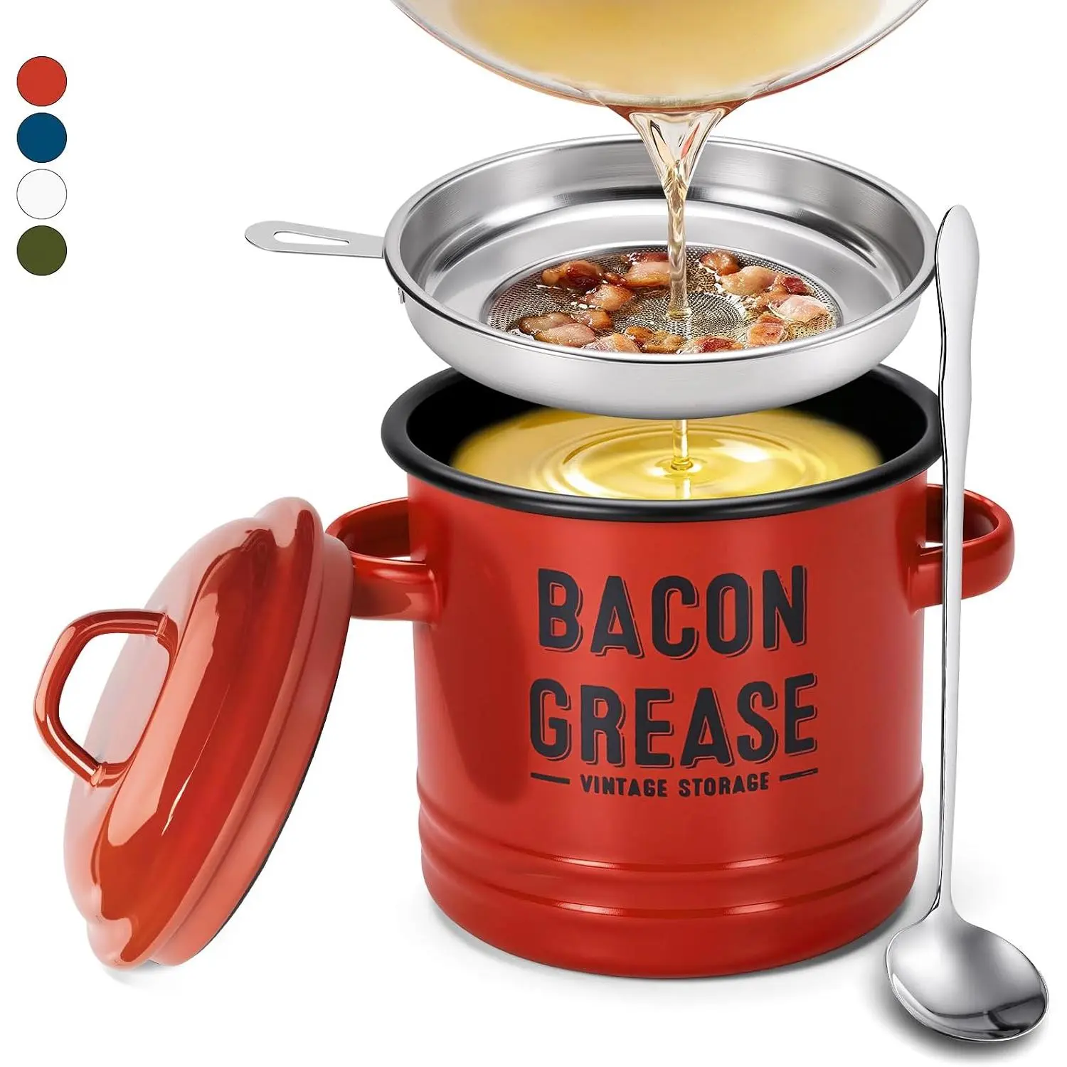 Bacon  Container for Kitchen with Strainer, 46oz Large Size | Enamel Bacon  Saver with Removable SS304 Strainer, Dishwasher Safe, Oil Keeper for  Storage, Red  Decor