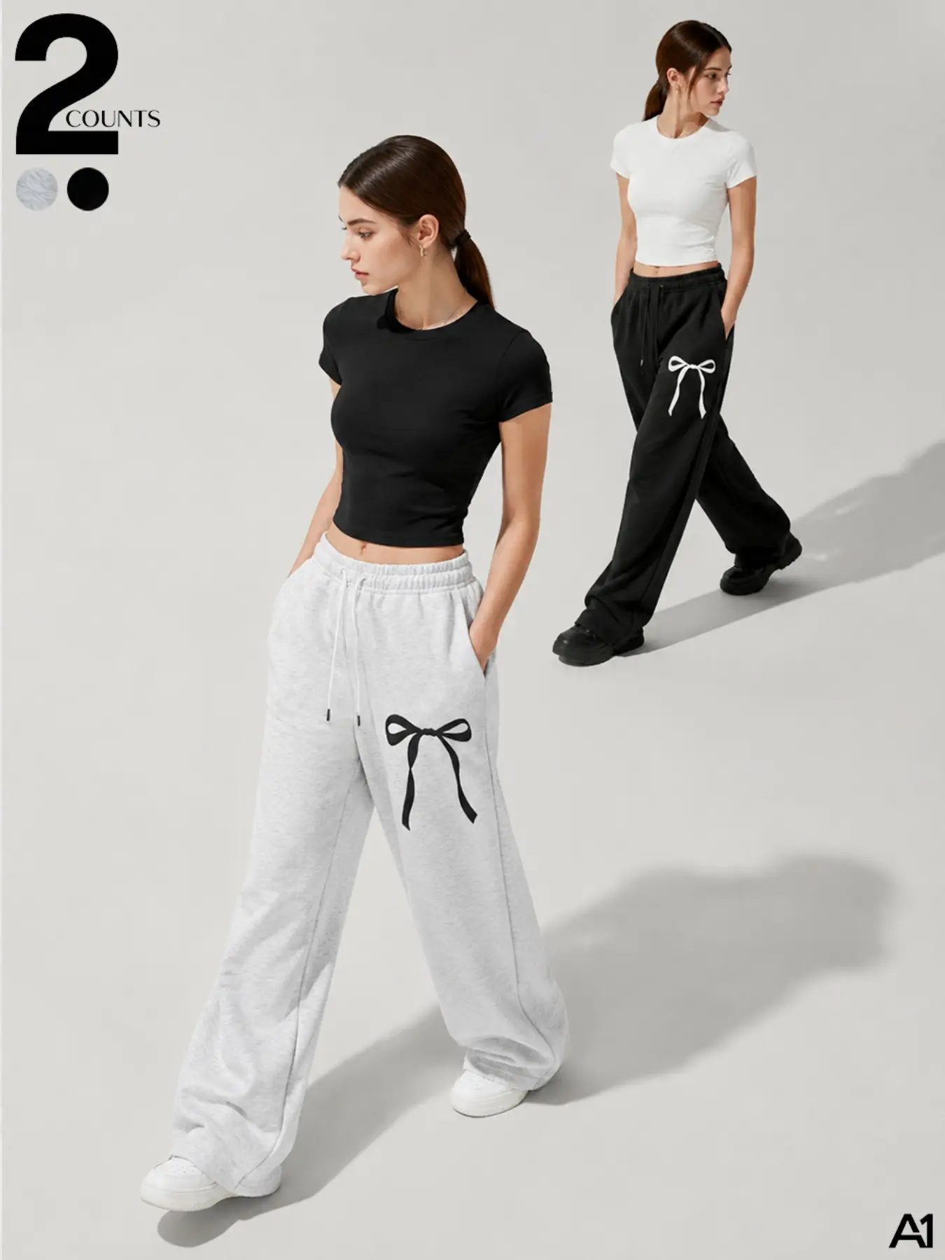 A1 Women's Wide Leg Sweatpants with Bow Print, High Waisted Drawstring Baggy Lounge Pants with Pockets, Comfy Straight Leg Joggers for Yoga, Walking, Travel, Coquette Y2K Streetwear & Daily Wear