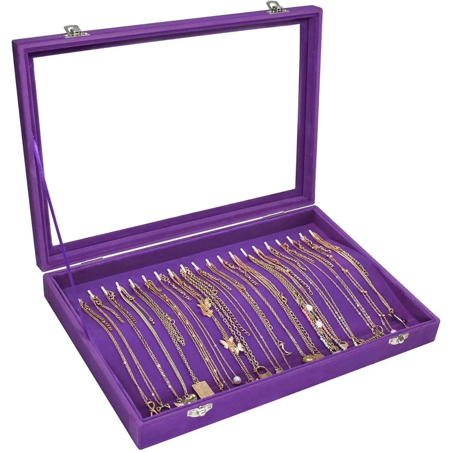 Necklace Organizer Box Premium 20 Hooks Velvet Necklace Display Jewelry Tray with Transparent Lid Jewelry Necklace Display Box for Necklace Pendants Suitable for Women and Girls (Purple)