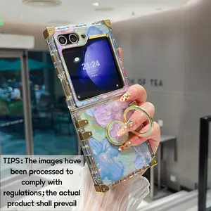 Square Transparent Electroplated Flower Phone Case & Ring Holder for Samsung Galaxy Z Flip 3/4/5/6, Fashionable Protective Case, Unique Design for Daily Use, Protective Shell