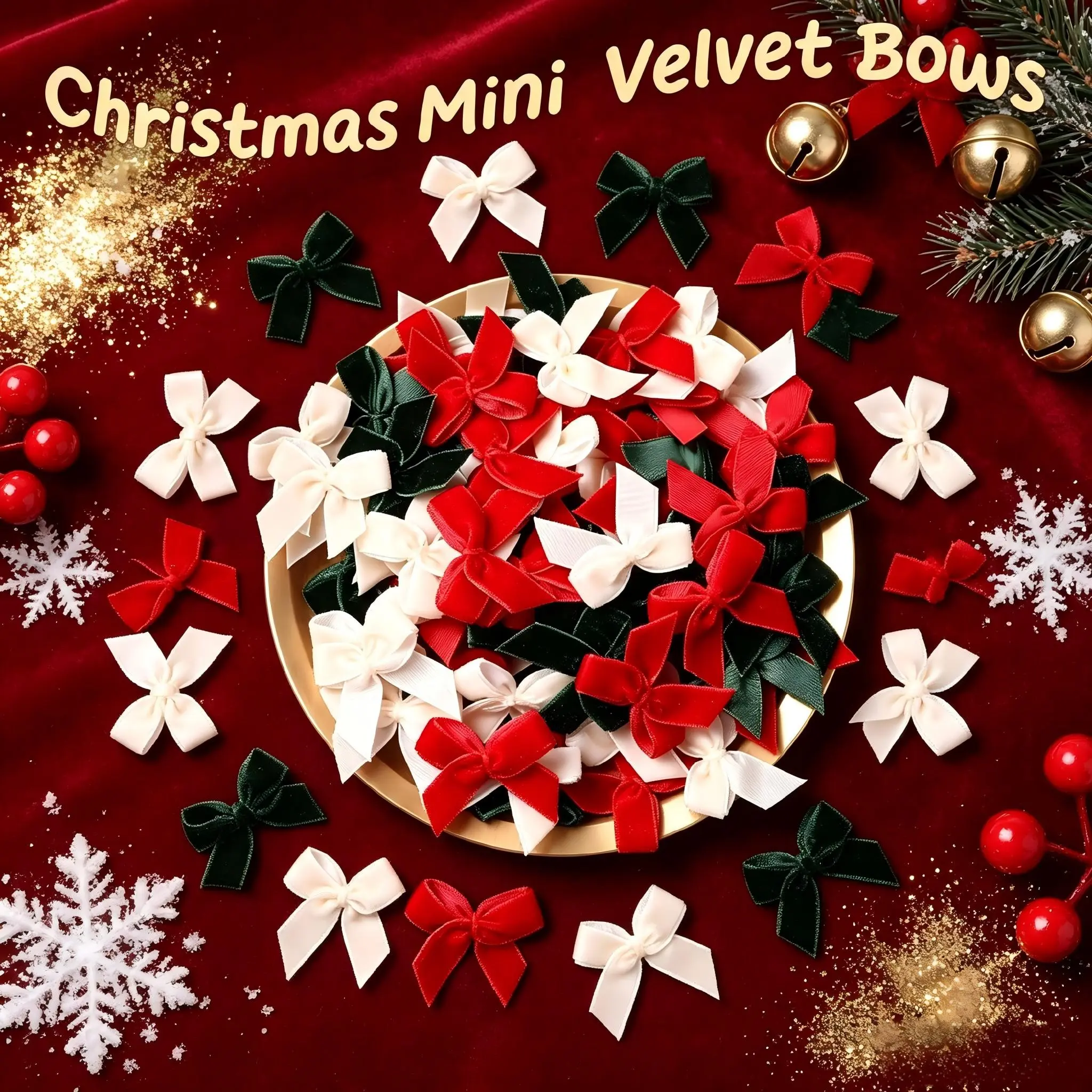 Mini Christmas Velvet Bows, 50/100/150 Pieces, and Assorted Colors, Hand-Tied, DIY Gift-Wrapping, Ribbon Bows, Craft Decorations