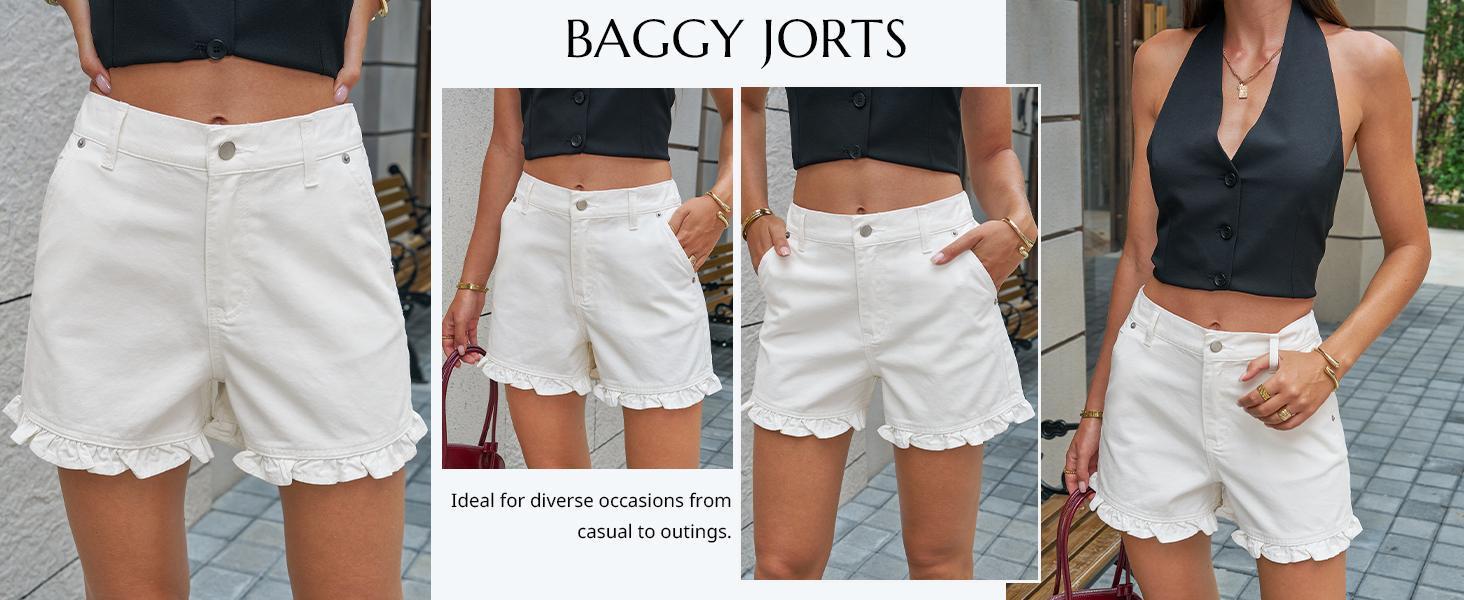 Imily Bela Womens Summer Ruffle Denim Shorts Cute High Waisted Cotton Short Jeans with Pockets SpringStatements.Size down if you are between sizes.