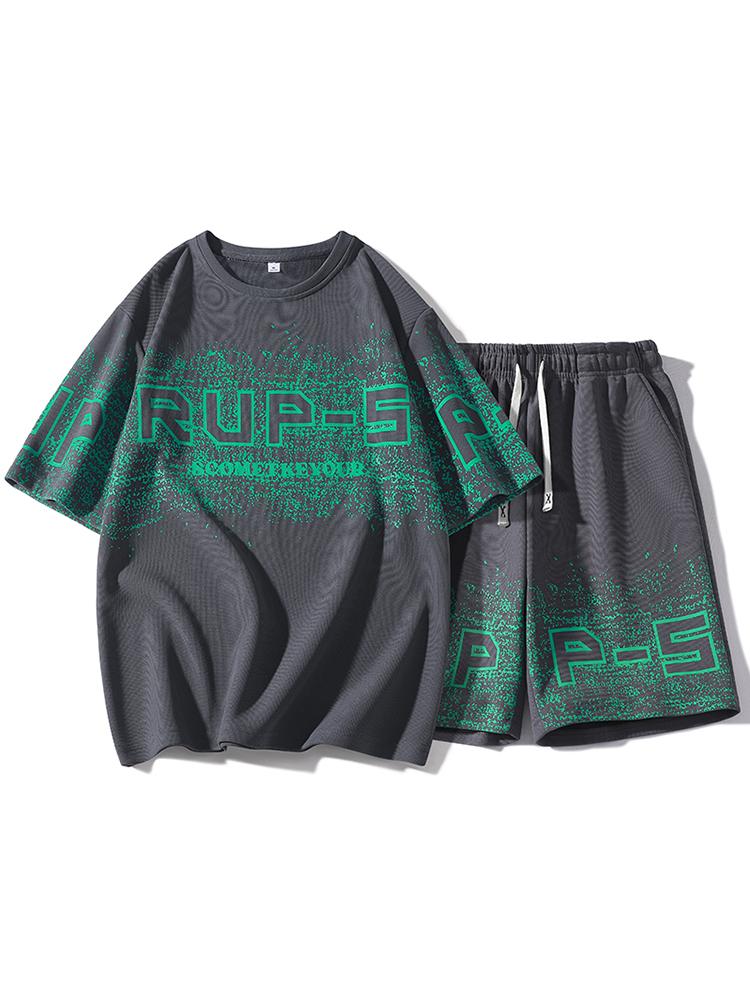 Urban Code Vibe Mens Digital Print Sweat Suit Set Oversized Fit T-Shirt with Modern Graphic and Coordinating Shorts for City Streetwear and Night outs