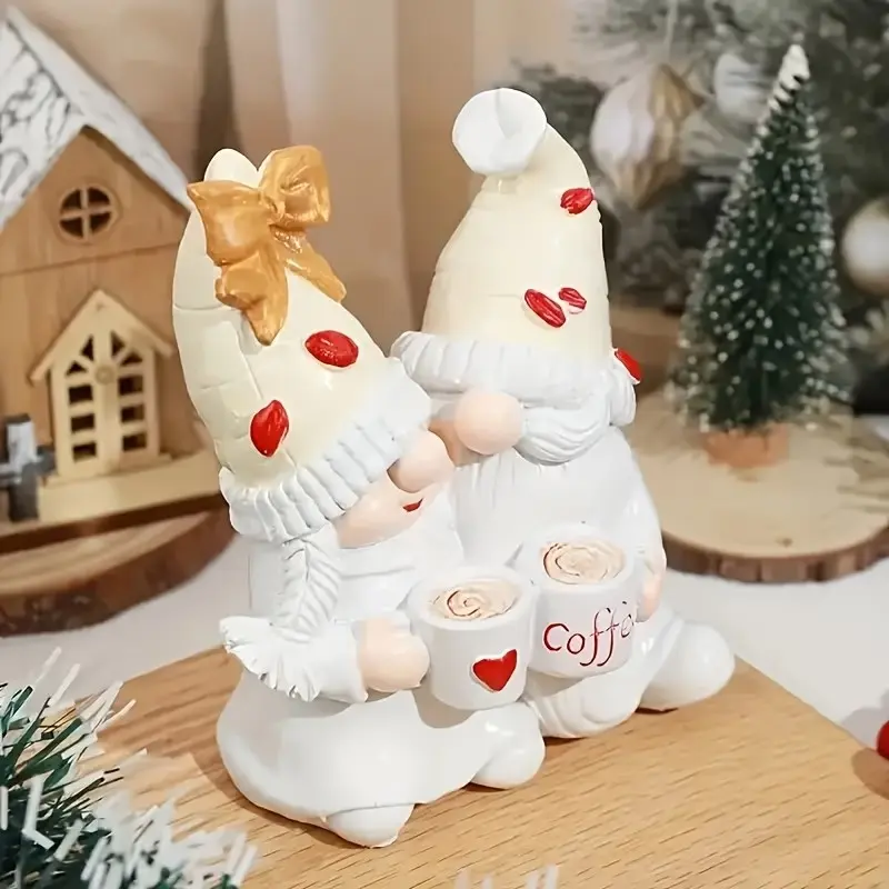 Charming Winter Coffee Gnome Couple Statues, Creative Holiday Home Gifts, Unique Elf Gnome Couple, Perfect Christmas Gift