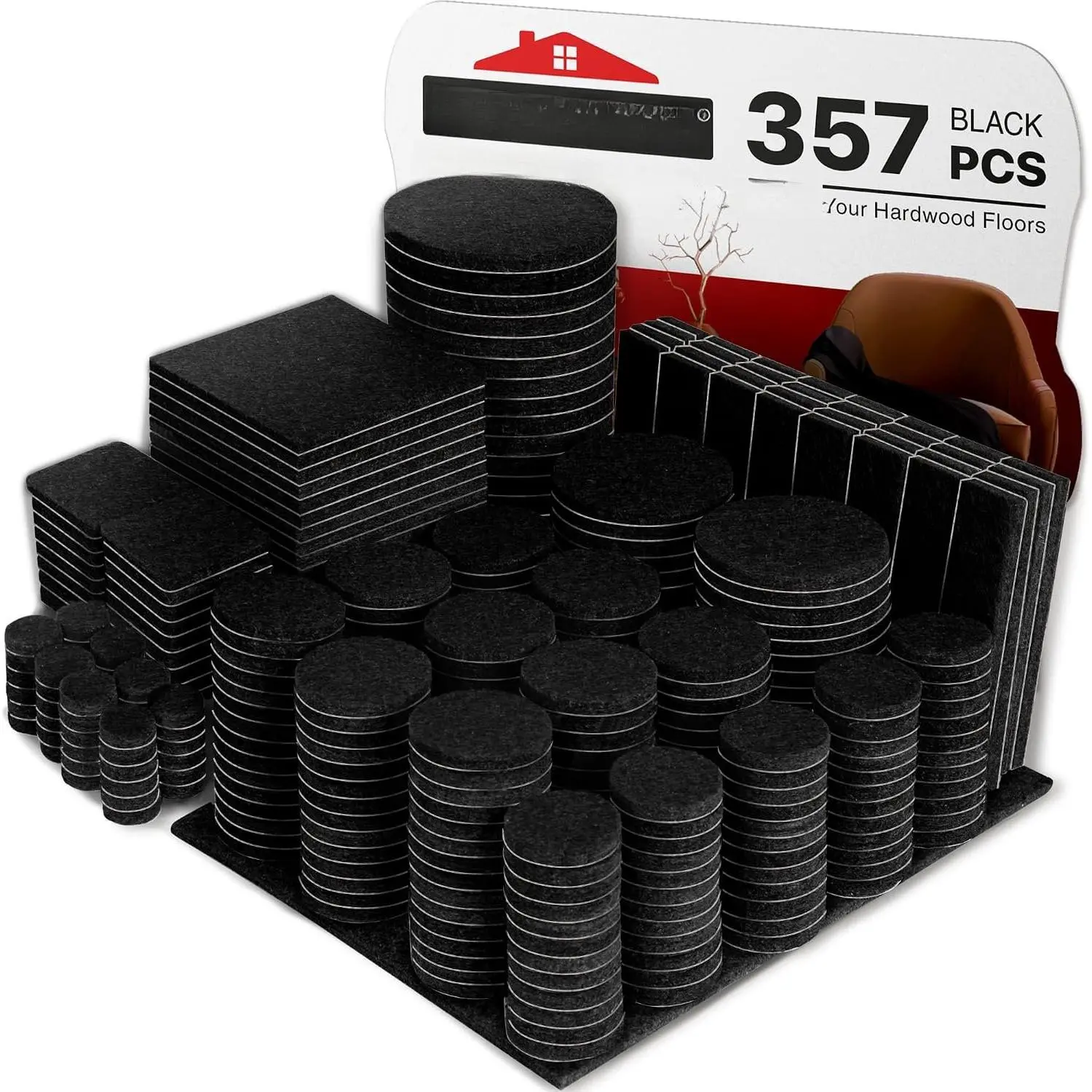 357 count Black Felt Furniture Pads - Heavy Duty Floor Protectors | Huge Quantity of Anti-Scratch Felt Pads for Hardwood, Tile, Laminate - Suitable for Chairs Tables Sofa Bed Cabinet Ottoman
