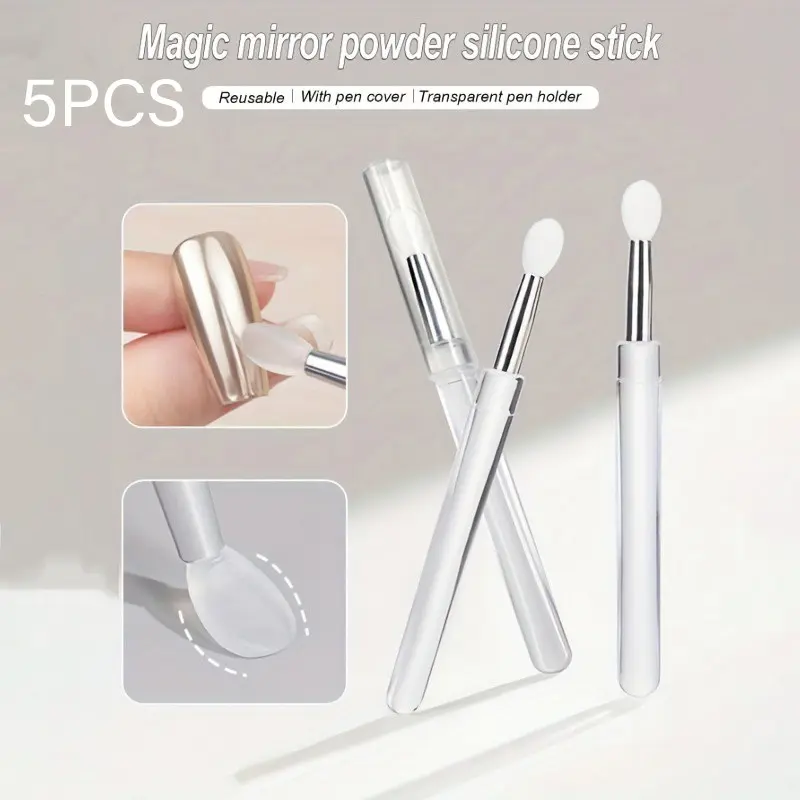 5pcs Nail Art Brushes, Reusable Silicone Nail Brushes, Glitter Mirror Powder Pigment Applicator, Lipstick Eyeshadow Brush, Makeup Brushes