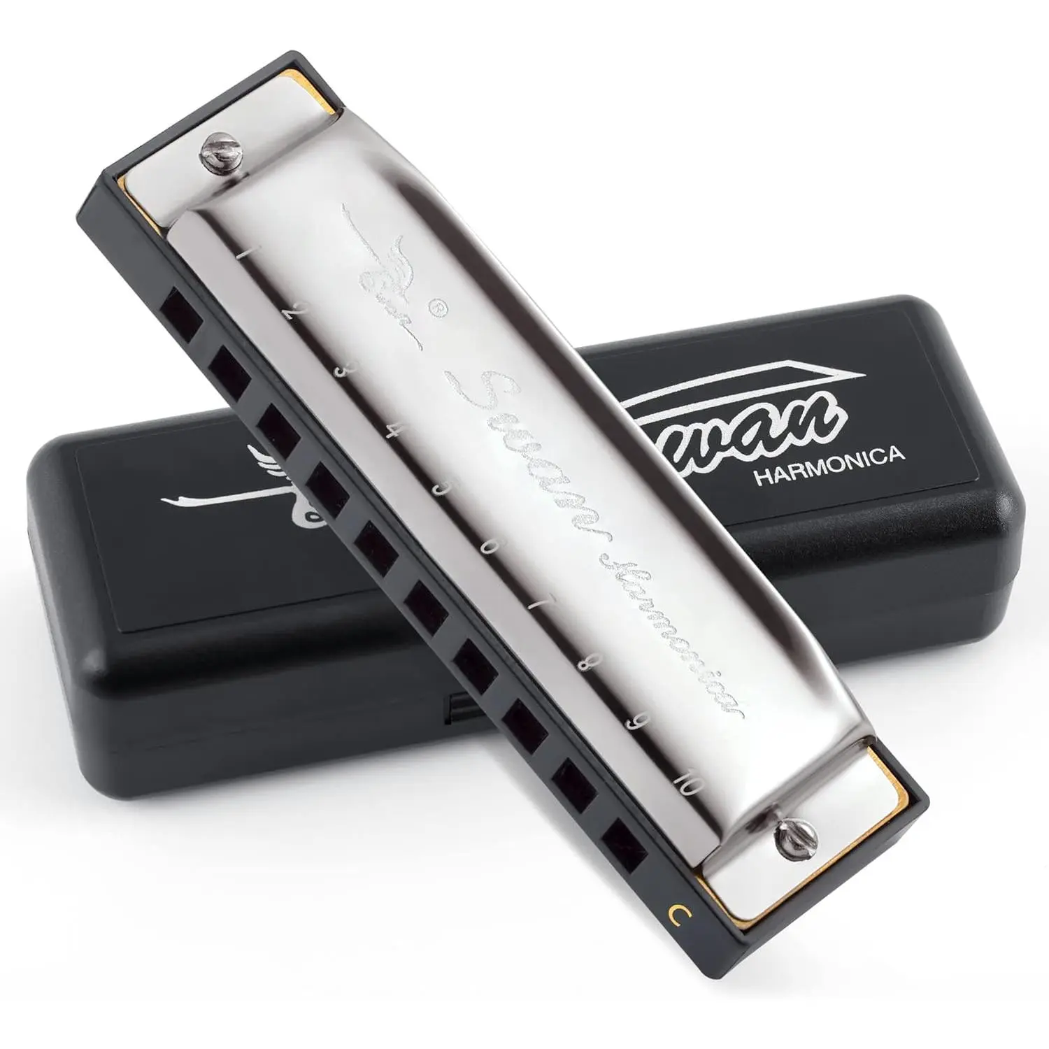 Blues Harmonica C Key for Kids Adults, 10 Hole Diatonic Harmonica Key of C, Metal Blues Harp for Beginners Students, Mouth Organ Case, Silver