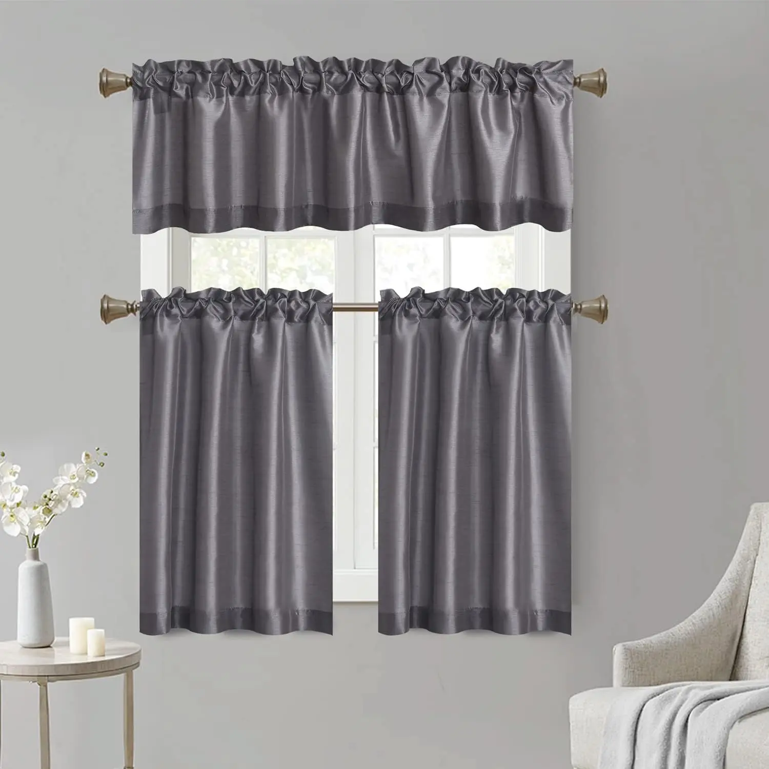 Faux Silk Kitchen Curtain Valance Set Tier Curtains Cafe Curtains Rod Pocket valances for Living Room Bedroom Bathroom Farmhouse Rustic Country Window Curtains 3 Piece Set : Home & Kitchen