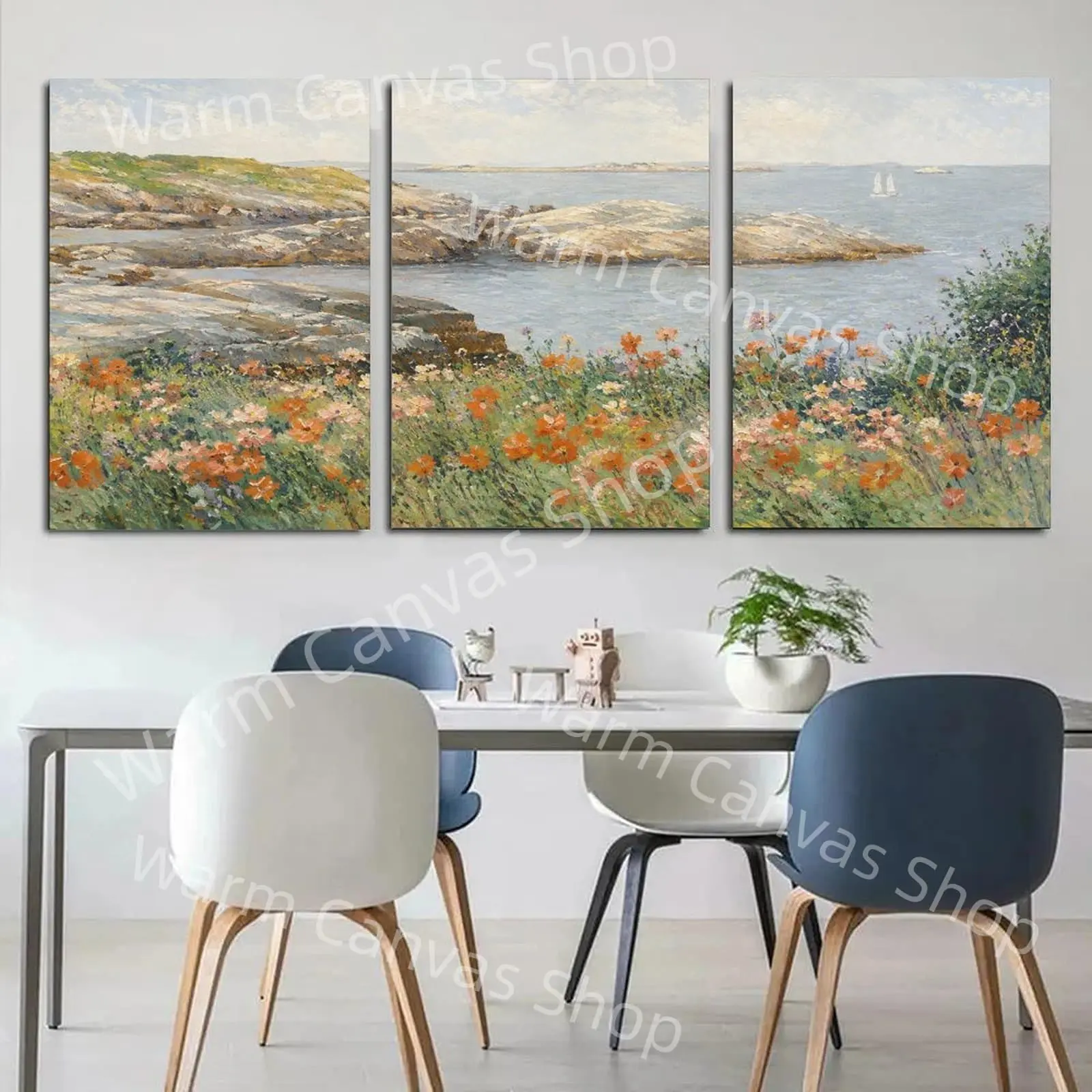 Coastal Wildflower Shore Triptych Canvas Poster, Rocky Seaside Sailboat Landscape Aesthetic Wall Art, Living Room Decor, Bedroom Wall Art, Office Wall Decor, Soft Impressionist Nature Gift