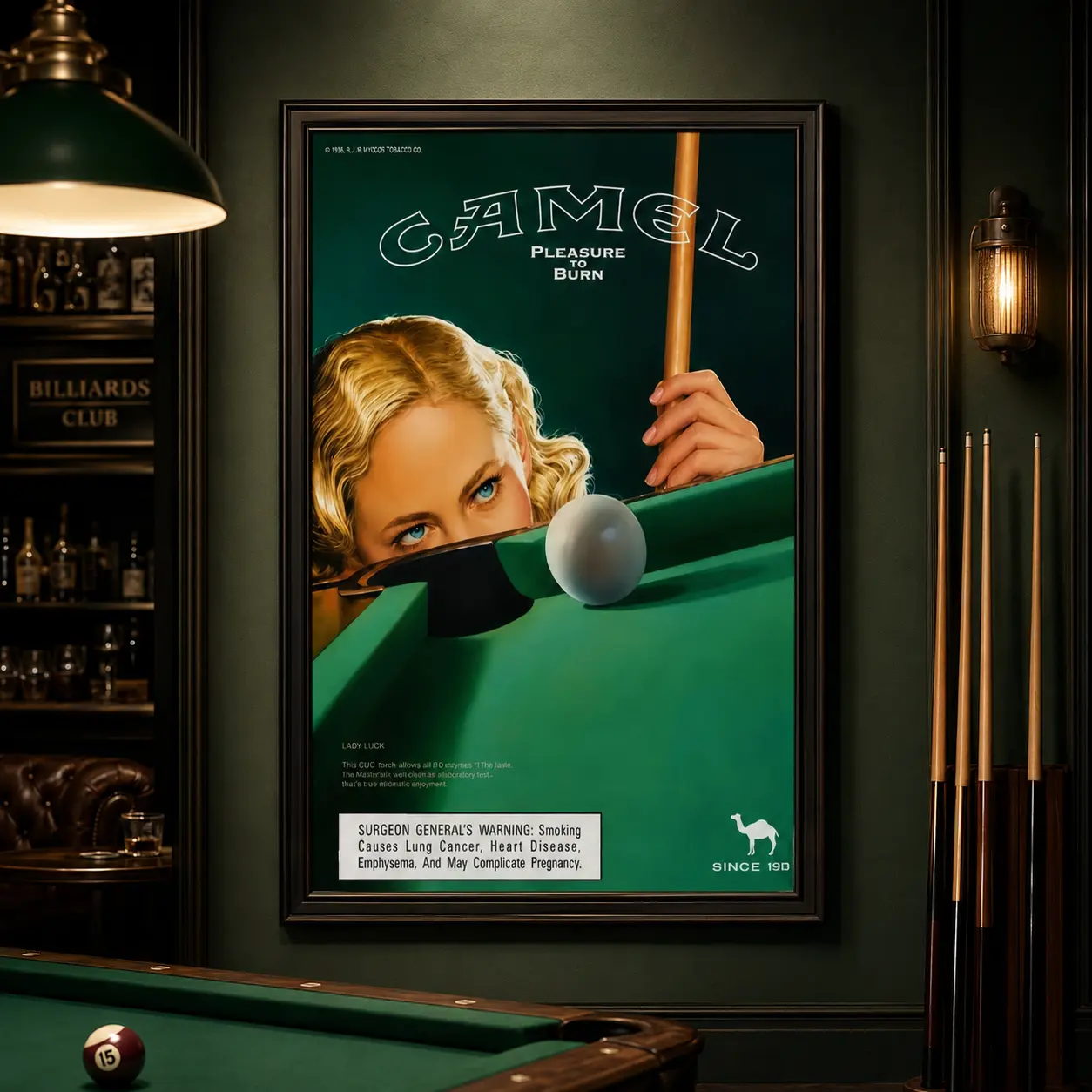 Vintage Camel Pinup Poster |   Poolhall Wall Art Canvas for Bedroom, Game Room & Bar Decor, Canvas Wall Art, Canvas Prints, Framed Canvas, Unframed Canvas, Vintage Poster, Retro Wall Decor, Room Wall Decor, Man Cave Decor, Bar Wall Art, Gift, Home Decor
