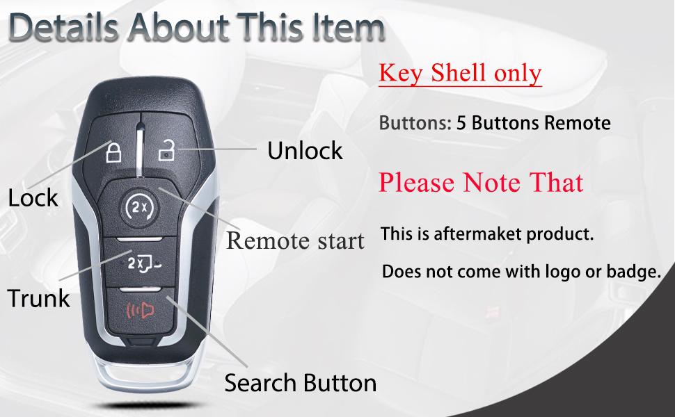 Key Fob Shell Case Cover Replacement Fits for Ford F150 F250 F350 F450 F550 Trucks 2015 2016 2017 Keyless Entry Remote Control 5 Button Pad Cover M3N-A2C31243300 with Uncut Key Blade Blank