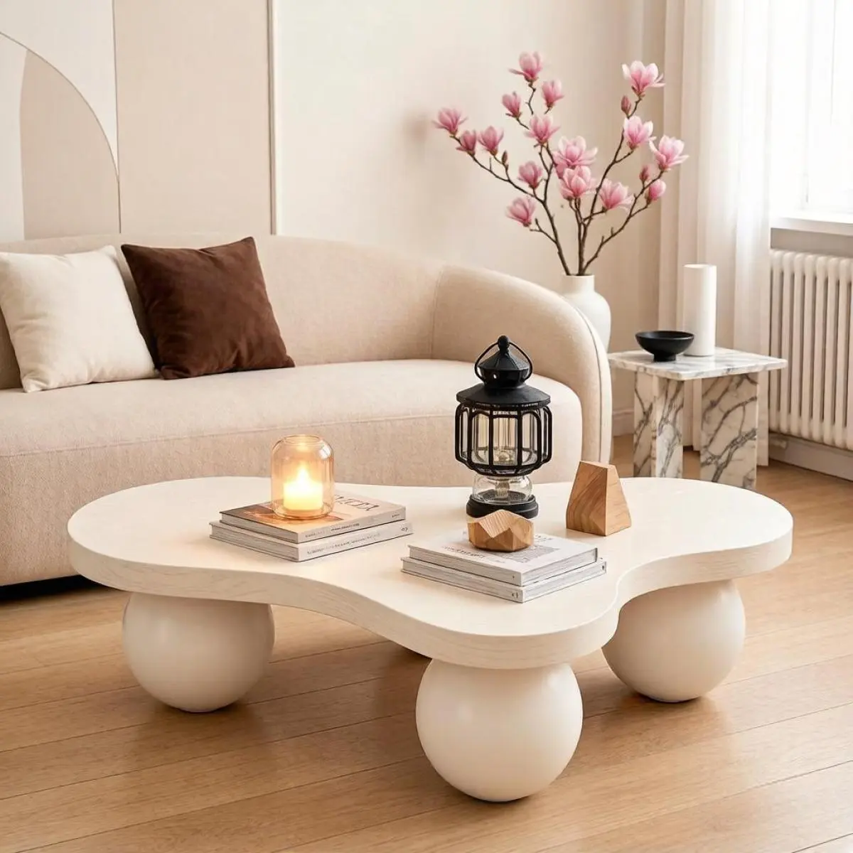 46'' Funky Unique Modern Coffee Table, Abstract Irregular Shape Low Profile Wooden Living Room Table with Ball Legs,Cute Center Tables,Tea Table for Bedroom,Apartment,Living Room.White.RR