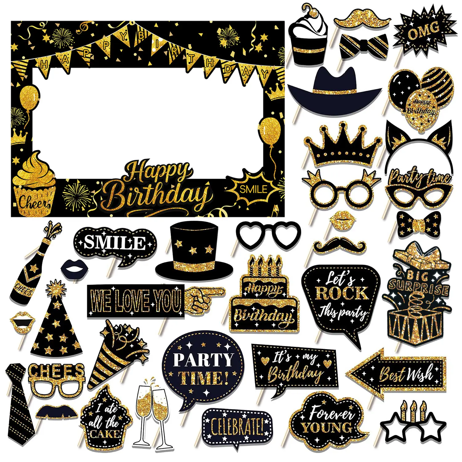 36pcs Birthday Photo Booth Props Set + 1 Frame, Happy Birthday Party Decoration Kit, Black & Gold Party Photo Props, Masks for Photo Booth, Party Accessory, Dance Party, Halloween & Christmas Event Supplies, Festive Holiday Party Decor