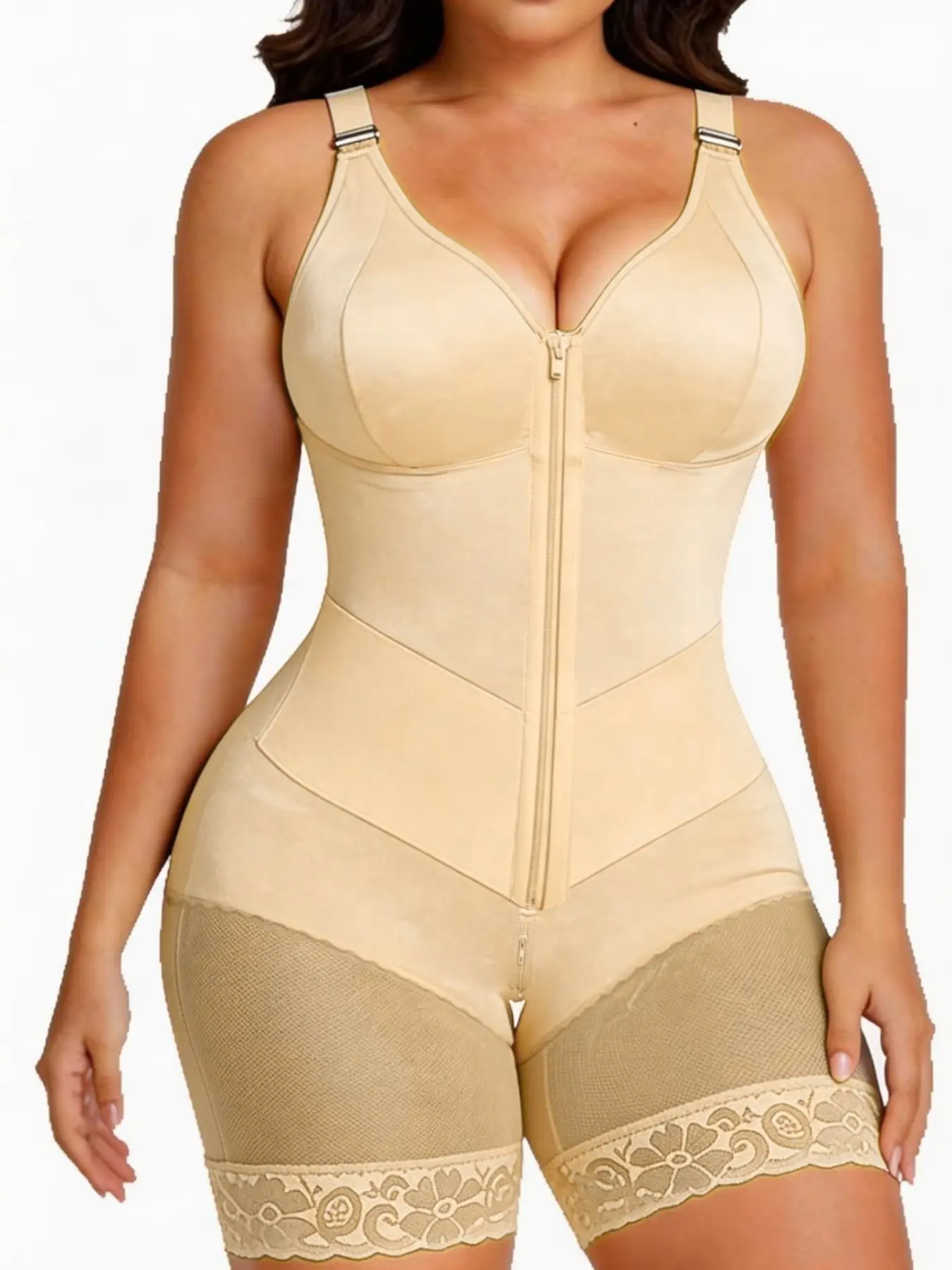 European Union Zipper Dual Layer Waist Trainer Bodysuit, Front Open Zip Halter Underwear Shapewear, Lace Hem Strong Waist Cinch Butt Lifting Bodywear