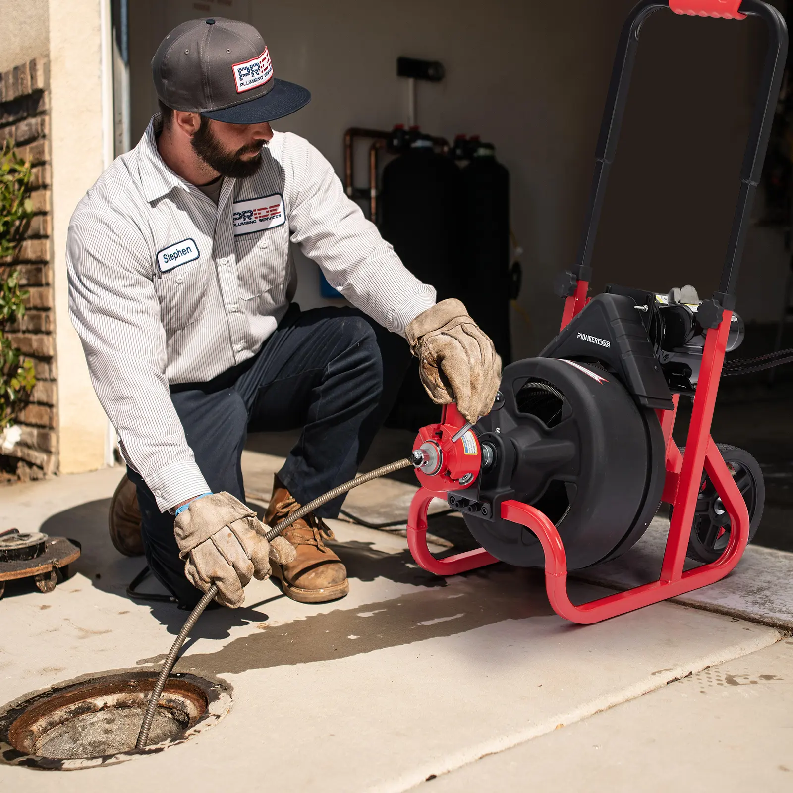 Garvee 370W Electric Drain Auger Machine, 100Ft x 3/8" Auto-Feed Sewer Snake - 6.8A Motor, 6 Interchangeable Cutters, Air-Activated Foot Switch, Glove, Stairs Wheels - Professional Drain Cleaning for 2-4 Inch Pipes