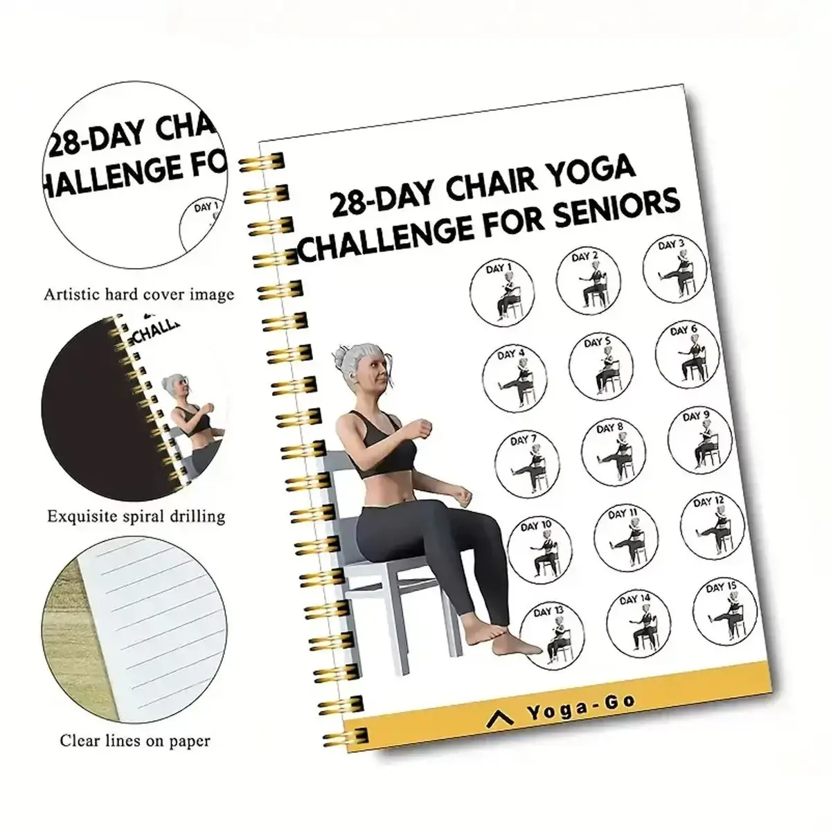 New Spiral Fun 28-Day Elderly Chair Yoga Pattern Notebook, Creative Design for Daily Use, Perfect Gift for Seniors