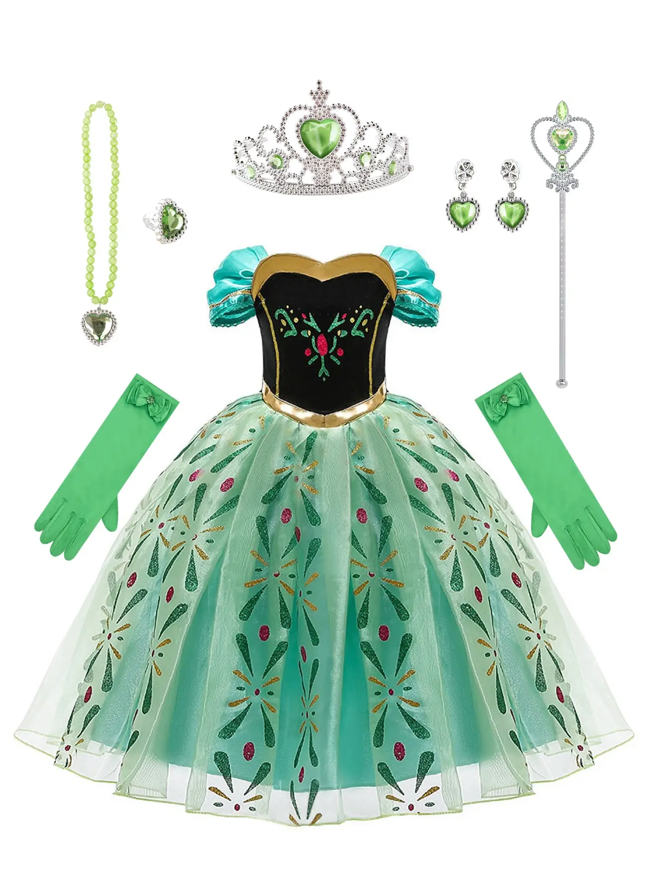 7-Piece Set, Girls' European Forest Fairy Princess Dress, Heart Gold Trim Bustier, Cap Sleeve, Gold Plant Embroidery, Multi-Layer Sheer Velvet, Set for Birthday Halloween Christmas Pool Party Themed Photoshoot