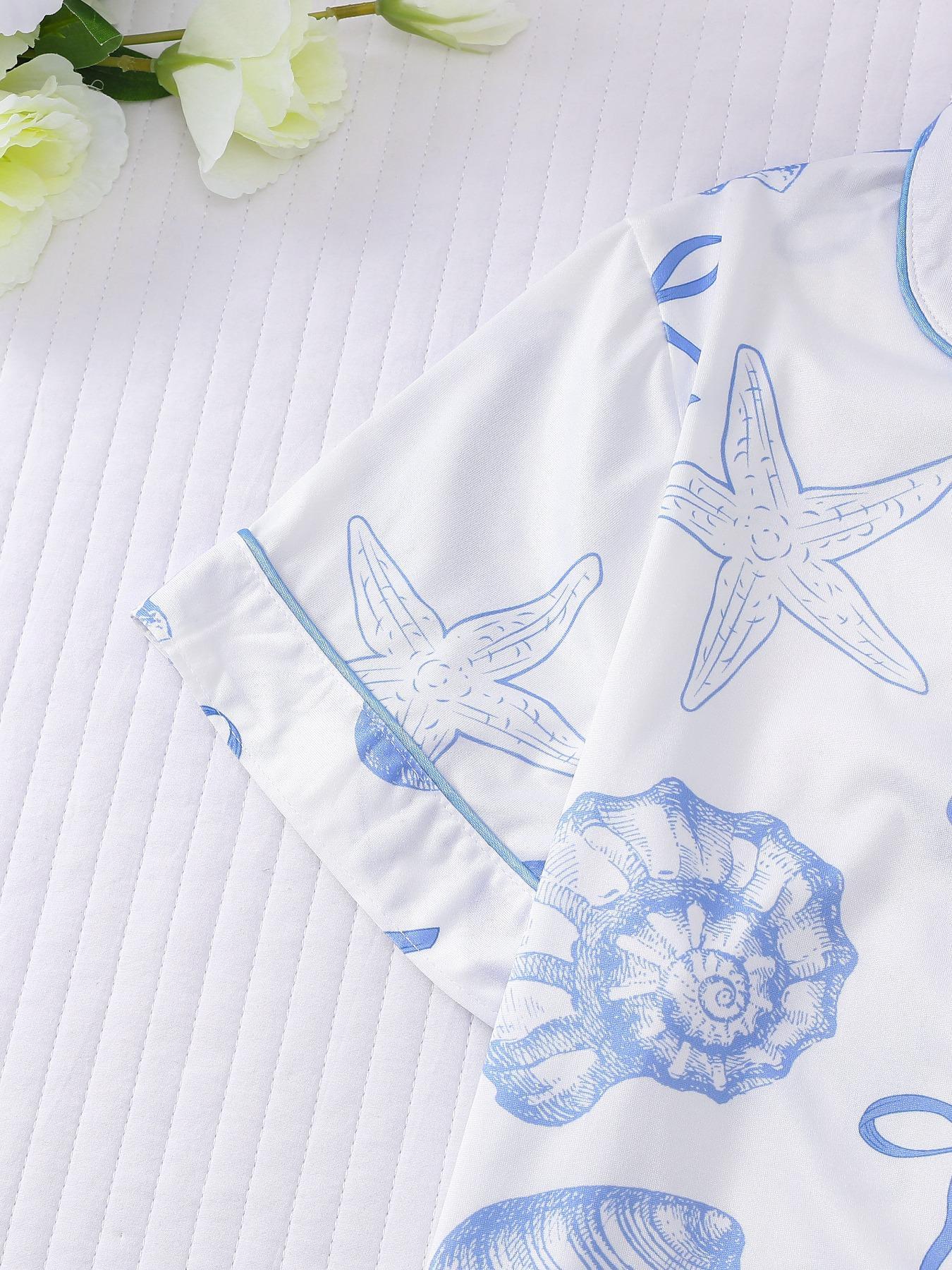 Women's All Over Print Button Front Top & Elastic Waist Shorts Pyjama Two-piece Set, Casual Comfy Short Sleeve Top & Shorts Pj Set, Ladies Sleepwear & Loungewear for All Seasons