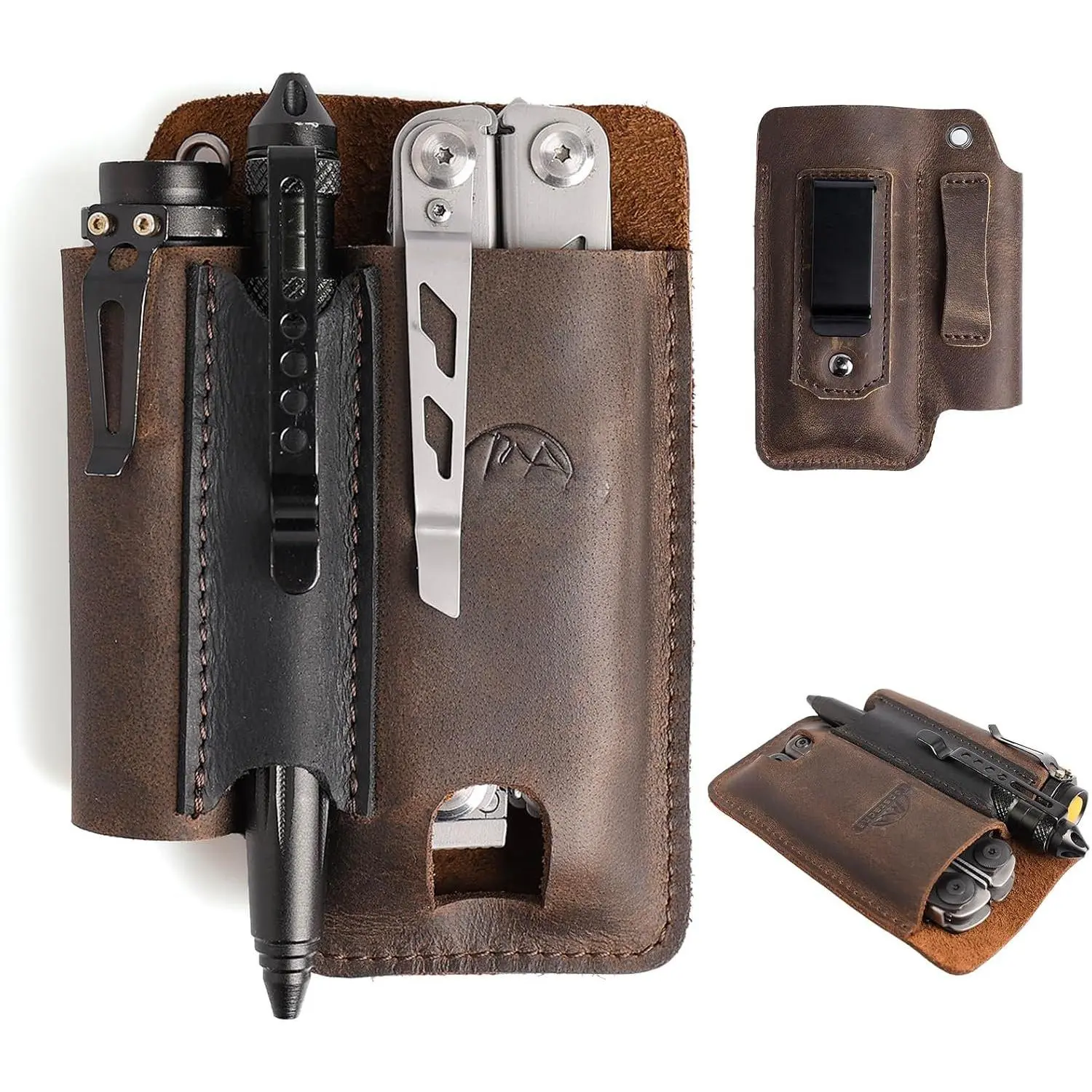 Leather Multitool Sheath with Belt Clip - Multi Tool Holster for Belt - EDC Belt Organizer Fits Multitool, Flashlight, Pen - Leather EDC Pouch, DarkBrown