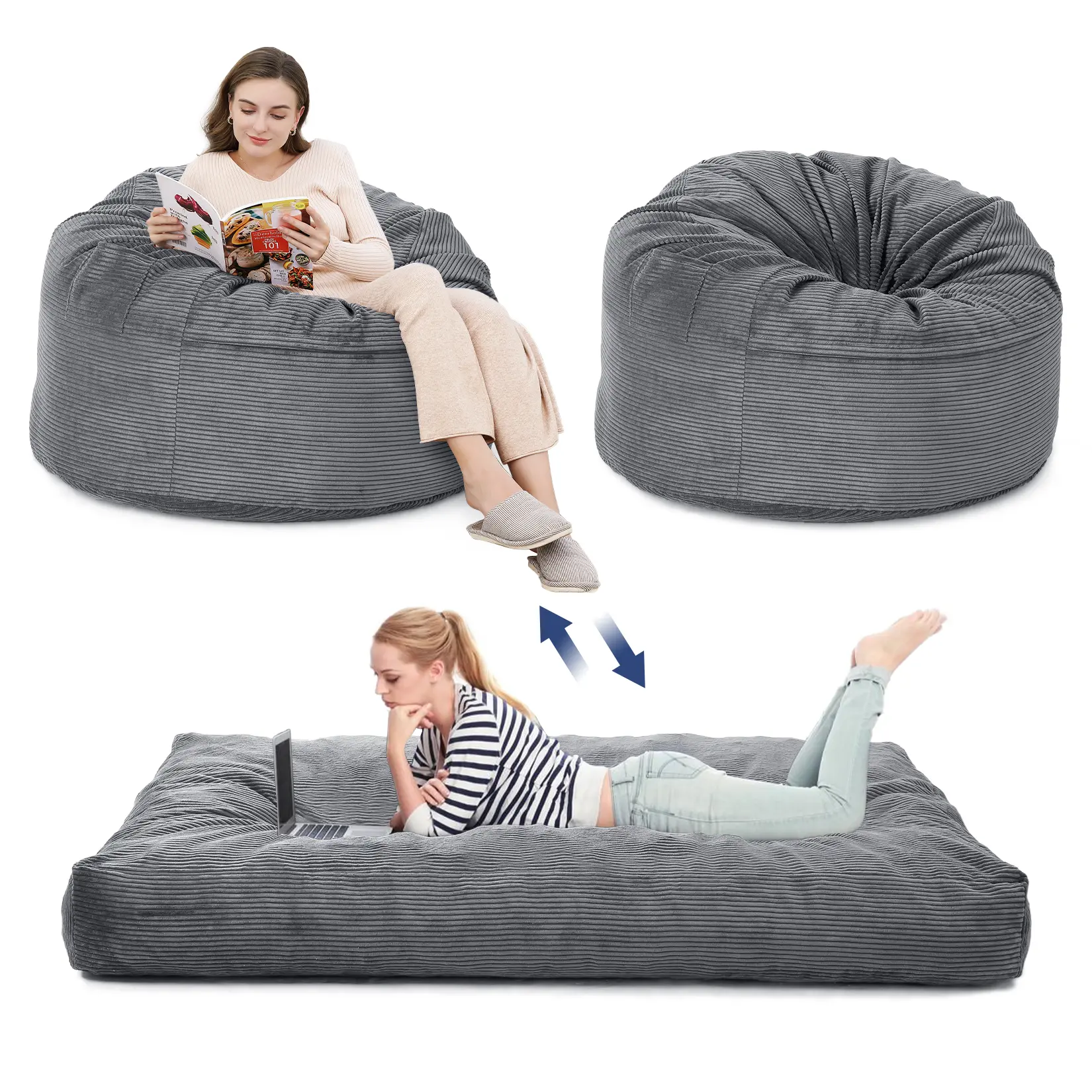Versatile 2-in-1 Bean Bag Chair Bed for Adults – Convertible Corduroy Lounge Sofa with Removable Washable Cover & High-Density Foam – Comfortable Seating for Living Room, Bedroom, Gaming – Navy Blue, Full Size (D44"xH27", Mattress 75"x54"x10")