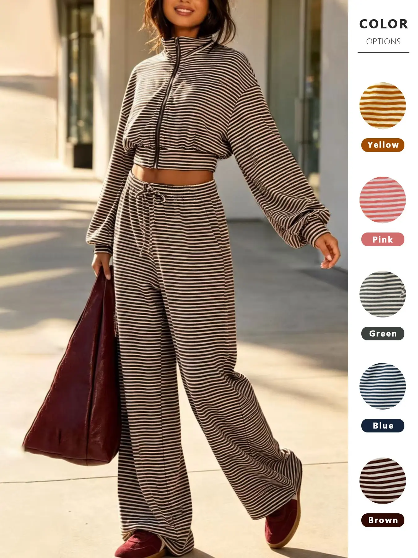 Women's Striped Long Pants Set, Soft Elastic Fabric, Short Zipper Jacket + High Waist Wide Leg Pants, Casual Fashion