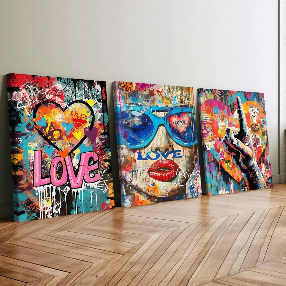 3-Piece Wood Frame Canvas Art, Colorful Heart Lip Street Graffiti Triptych Poster, Modern Home Decor, Waterproof Odorless Wall Art