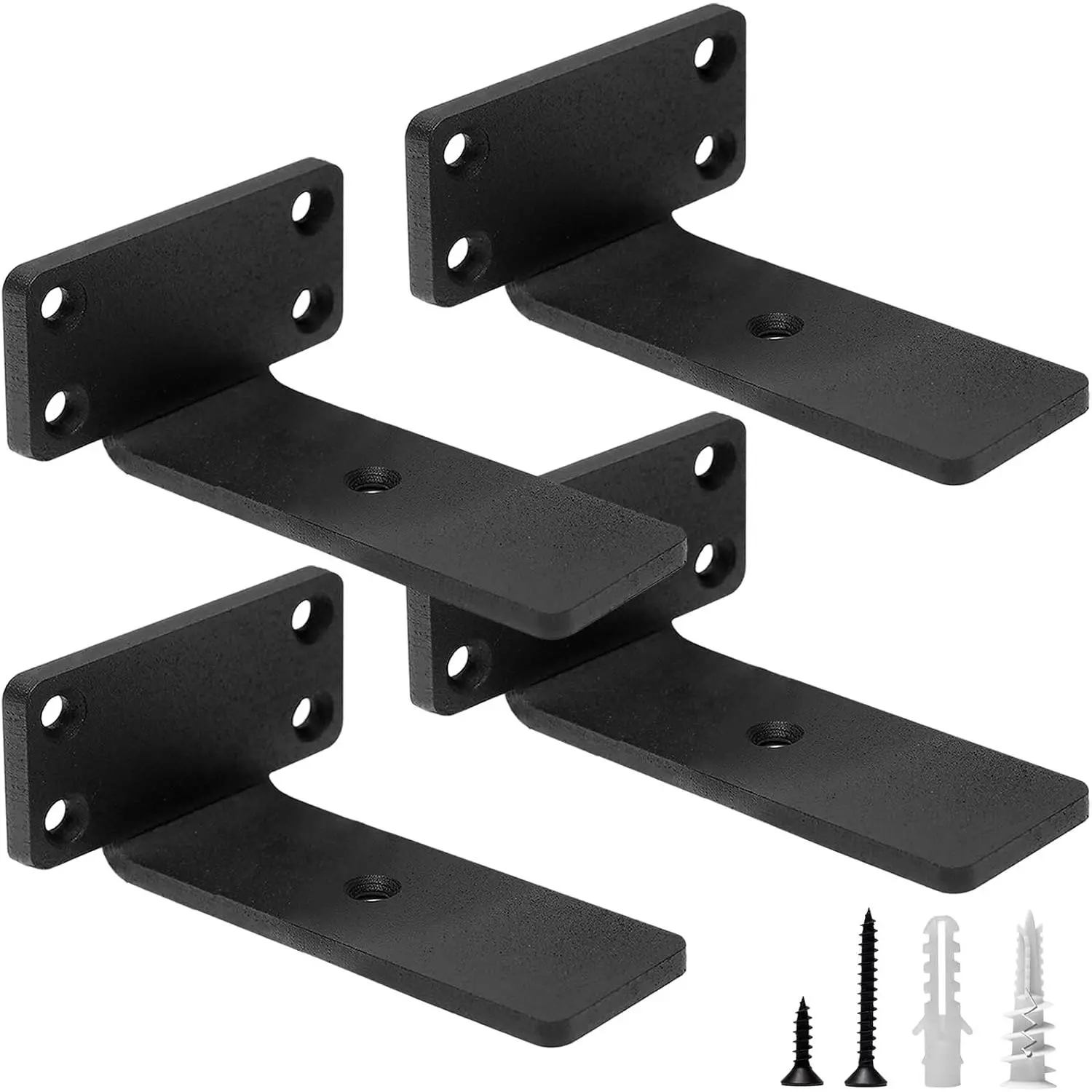 Heavy-duty floating shelf brackets, 4inch (1/ 5inch thick) hidden shelf hardware, iron L-shaped brackets, vintage industrial style black metal wall shelf supports, 4-piece set