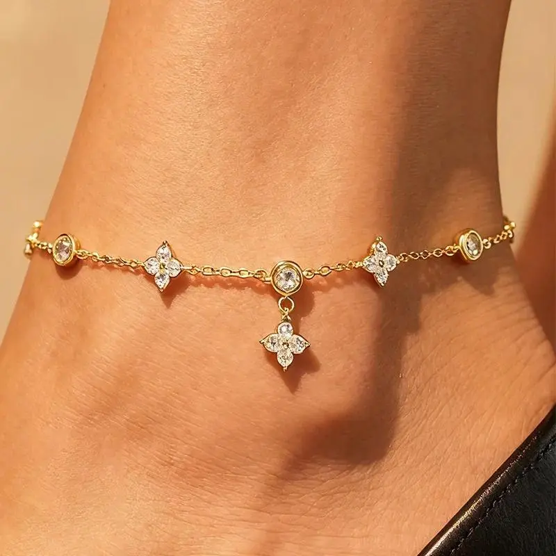 Women's 925 Sterling Silver Anklet - Dainty Lucky Clover Flower Pendant, Waterproof Chain for Beach & Daily Wear, Fashion Jewelry Gift