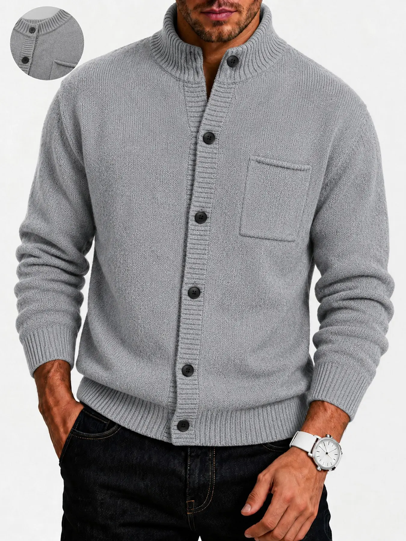 Men's Stand Collar Button Down Knit Cardigan, Long Sleeve Graphic Slim-Fit Jacket, Casual Warm Chunky Knit Sweater, Fall Winter Outerwear