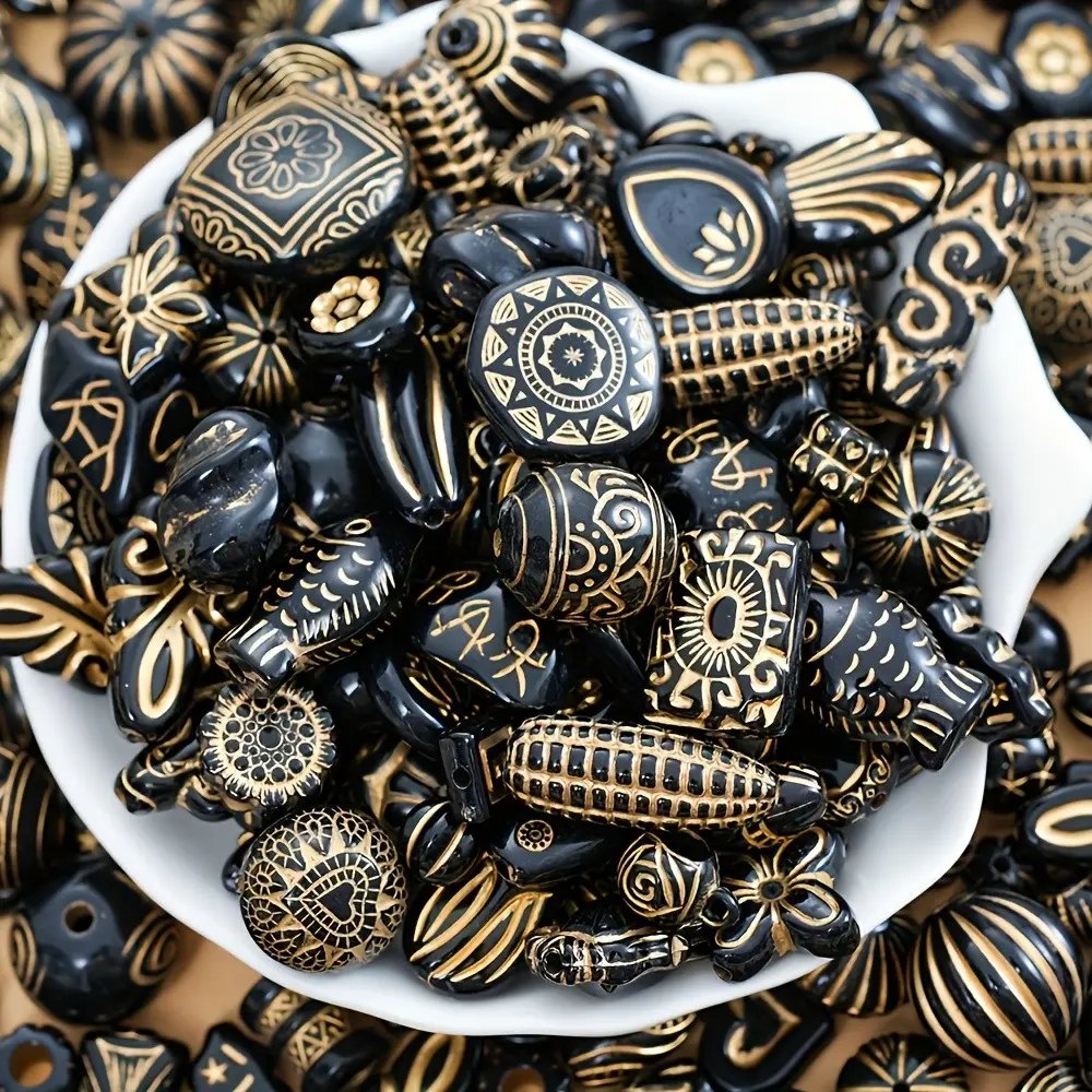 100g Vintage Baroque Acrylic Beads Mix, Multicolor Series with and Gold Patterns, Ideal for Jewelry Making, Necklace Components