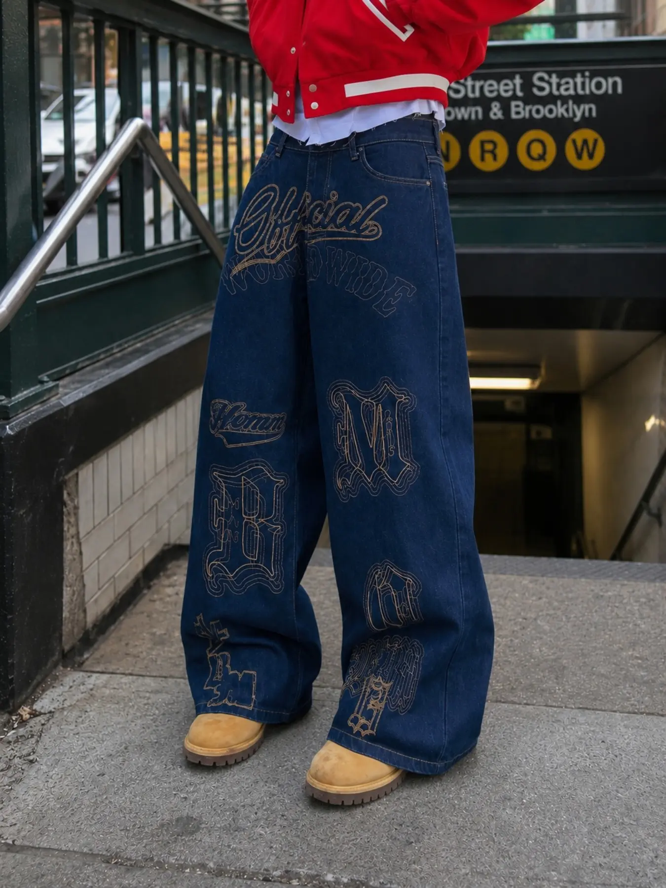 American Hiphop Classic Deep Blue Letter Embroidered Wide Leg Baggy Denim Jeans, Multi-Layer Embroidery Loose Fit Ankle Length Pants