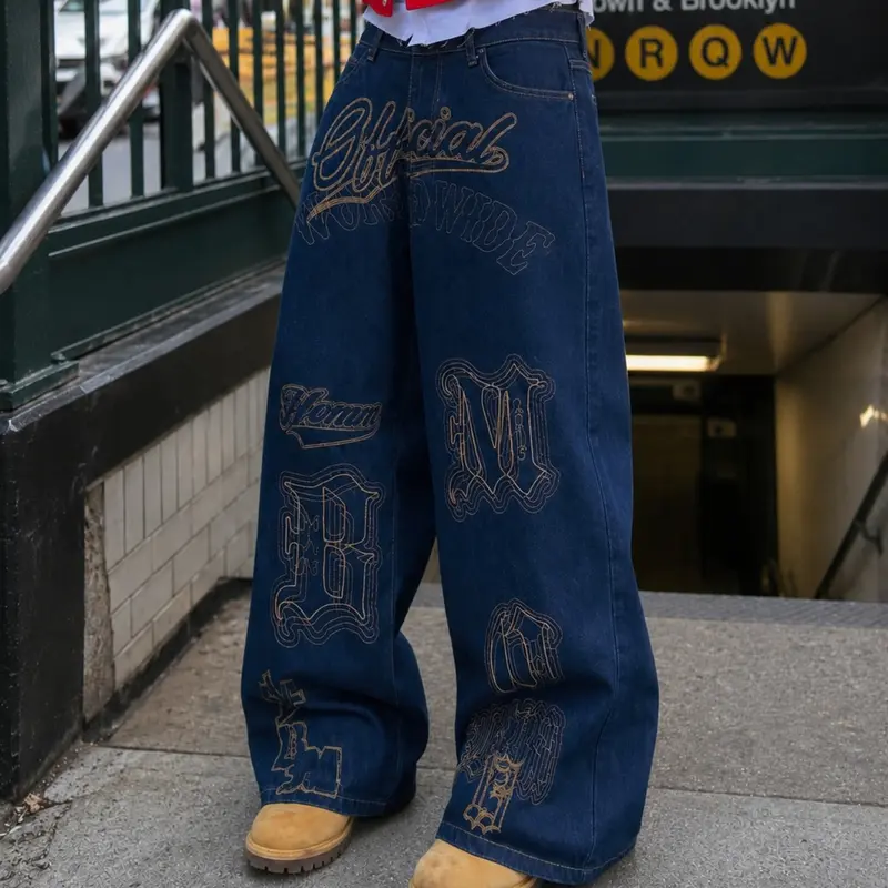 American Hiphop High Street Loose Deep Blue Letter Embroidered Wide Leg Baggy Denim Jeans, Multi-Layer Embroidery Loose Fit Ankle Length Pants