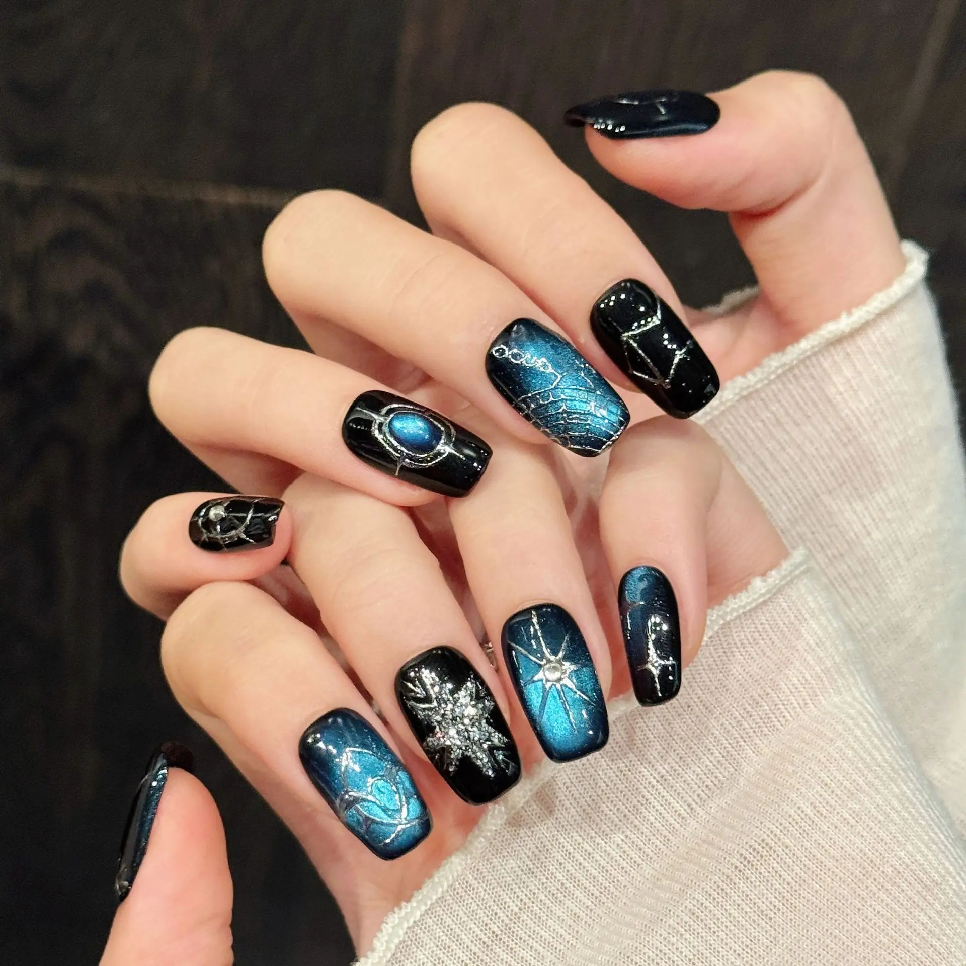 Trending Handmade Press On Nails, Edgy Black Blue Cat Eye Short Square Fake Nails, Reusable Acrylic Nails with Silver Star & Celestial Design for Women Daily & Party Use