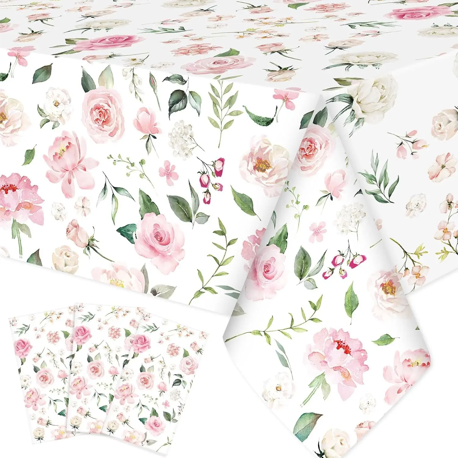 3 Pcs Pink Floral Disposable Rectangular Tablecloth, 54 x 108 Inch Plastic Waterproof Wildflower Table Covers for Baby Shower Birthday Wedding Tea Party Decorations