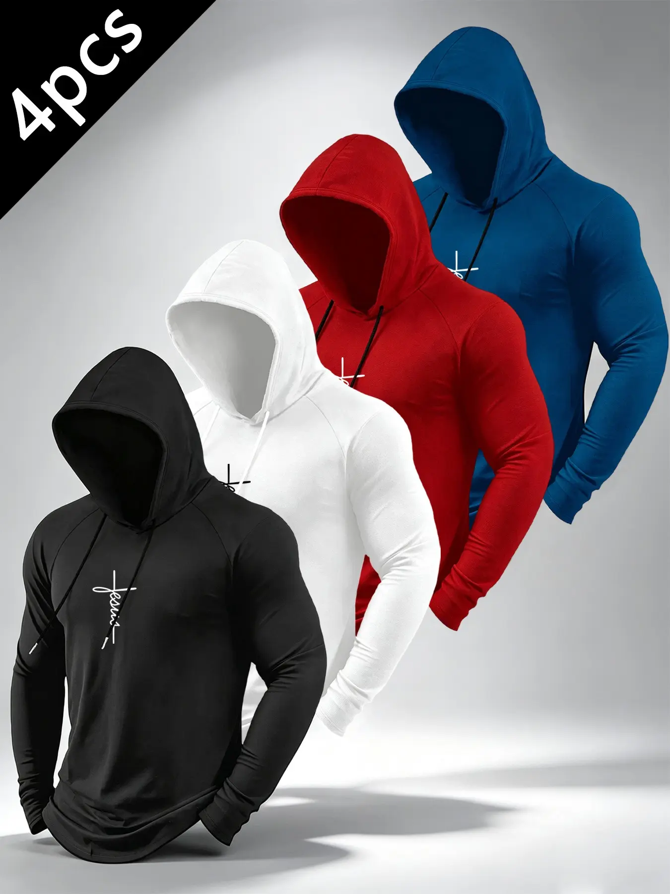 Men's Spring Fall Cross Jesus Hooded Drawstring Long Sleeve T-Shirt 4-Pack, High Stretch Breathable Sport Fabric, Casual Faith Print Athleisure