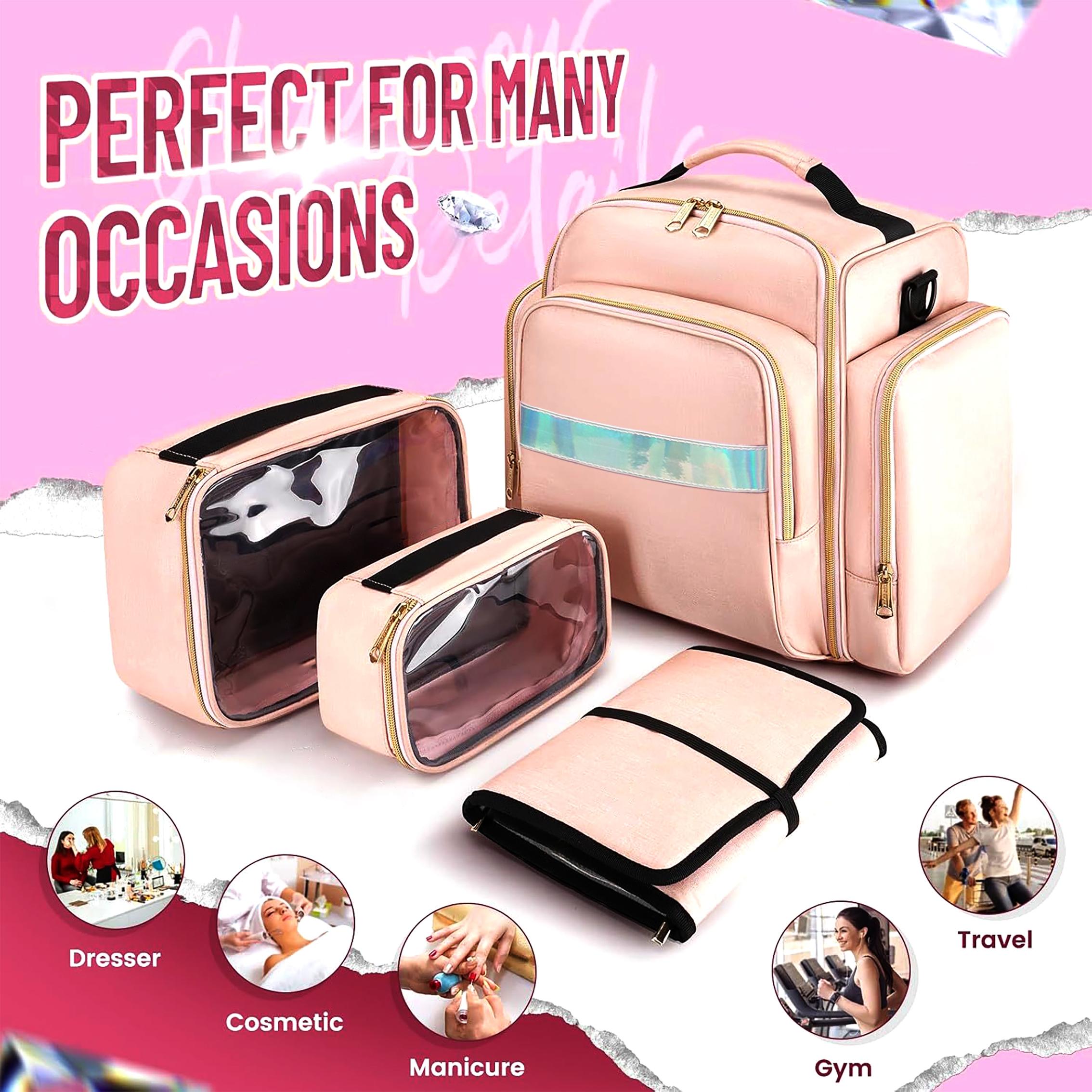 Makeup Bag with Detachable Boxes, 1 Count Large Capacity Cosmetic Storage Bag with Handle, Zipper Makeup Organizer Pouch for Travel, Travel Cosmetic Bags