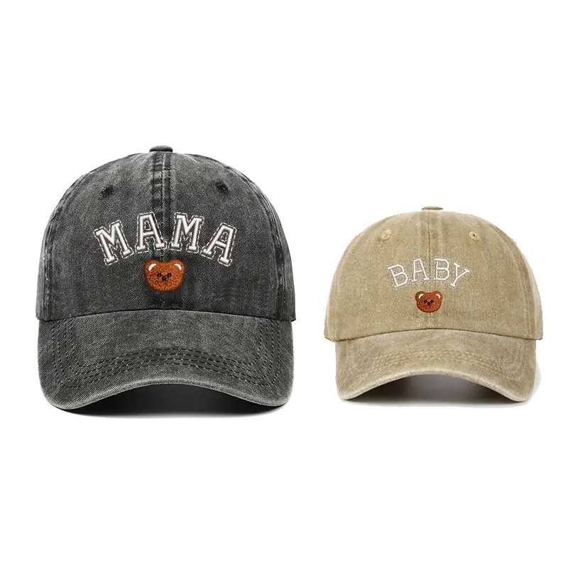 2Pcs Unisex Cute Bear Embroidered Baseball Caps - Vintage Washed Denim, Adjustable Sun Hats for Adults & Children, Family Matching Outfits, Casual MAMA BABY Dad Hat Gifts (Sports & Outdoor Accessories)