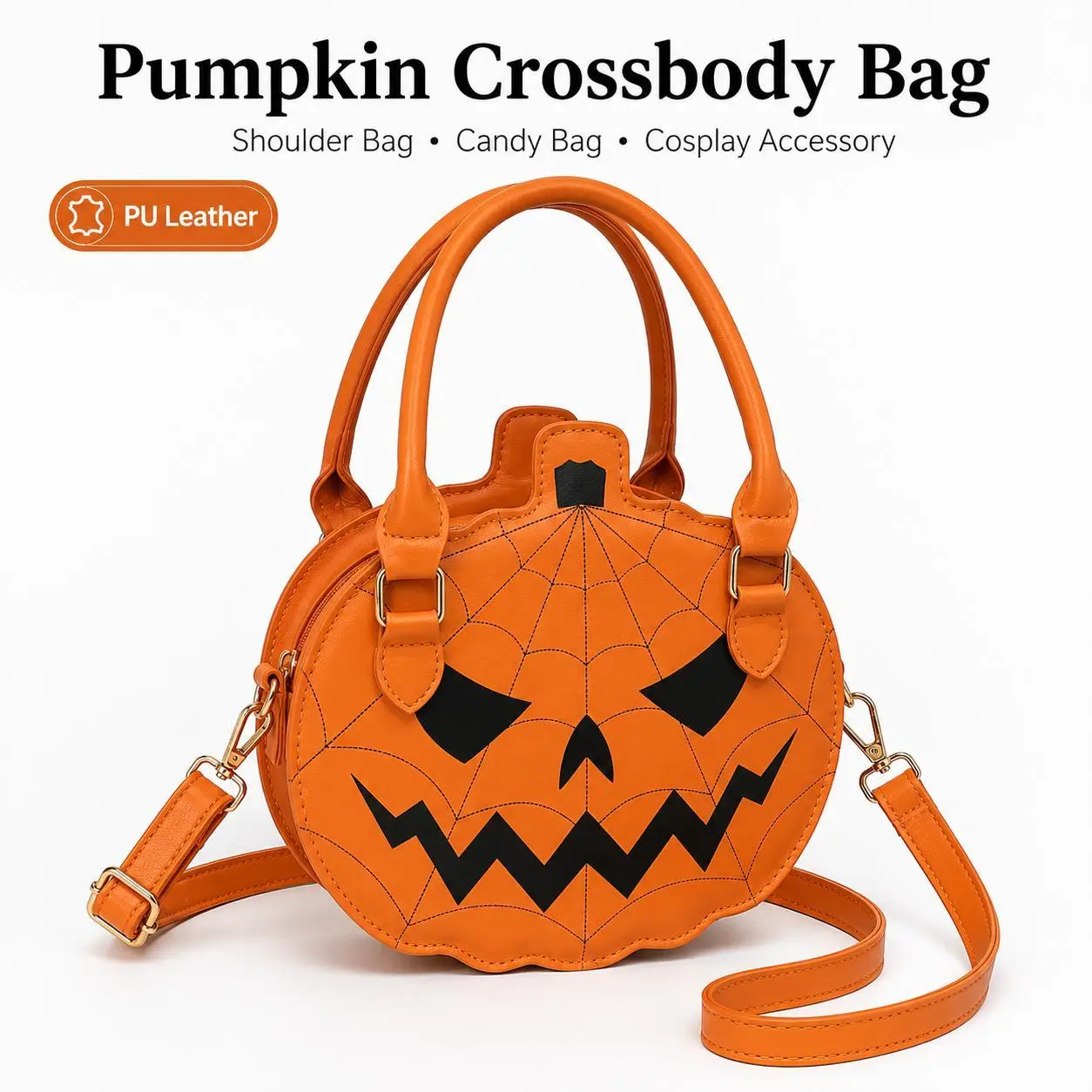 Halloween Pumpkin Crossbody Bag, Cute Jack-O’-Lantern PU Shoulder Purse with Adjustable Strap, Trick-or-Treat Candy Bag for Women & Girls, Cosplay Party & Fall Outfit Accessory