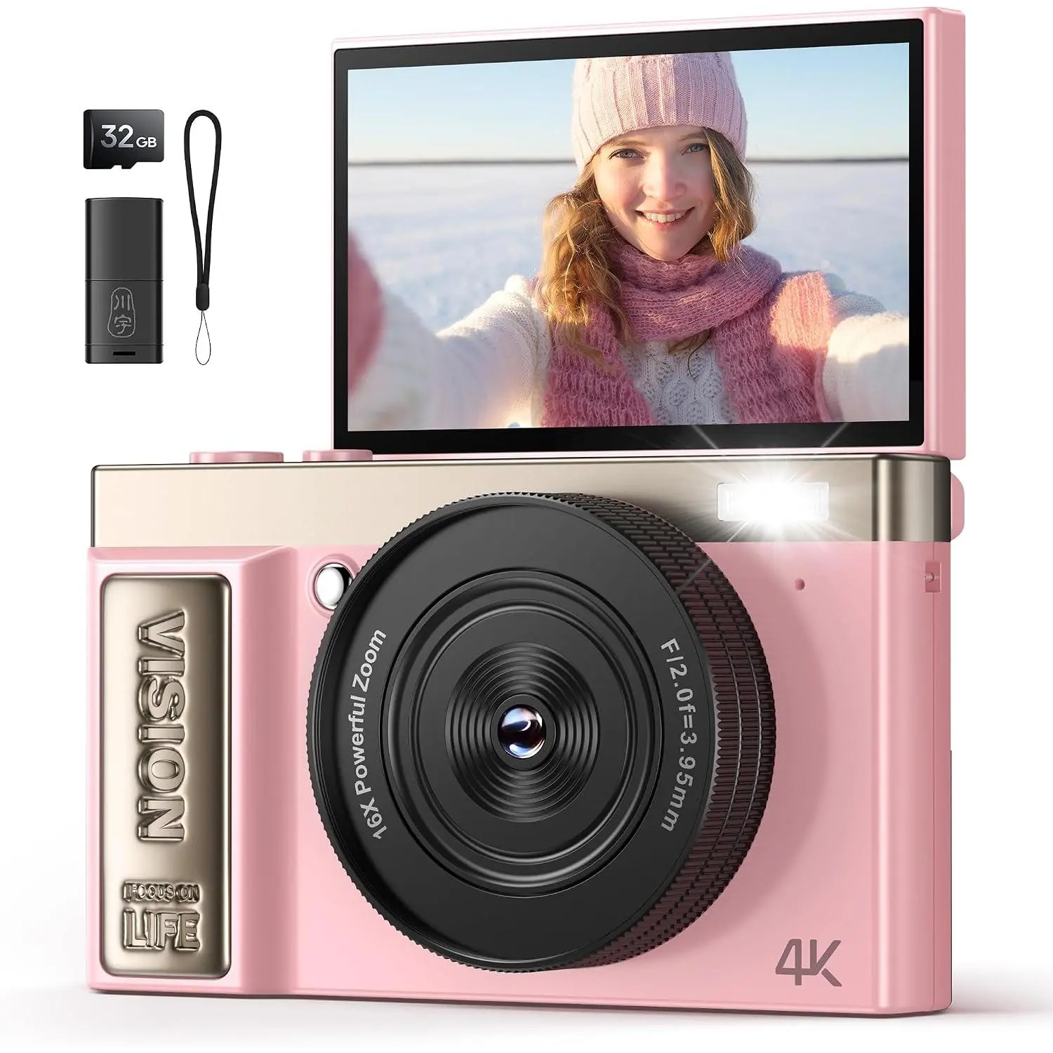 4K Digital Camera  for Girls Teens: 64MP Vlogging Camera with Flip Screen - 16X Zoom - Cute Compact Cam for Photography and YouTube – Aesthetic Point and Shoot  for Ages 8-18