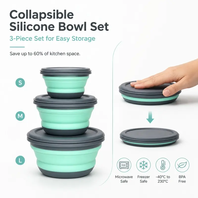 3-Pack Collapsible Silicone Bowls, made of food-grade material with sealed lids and BPA-free. Space-saving for storage, great for food prep, camping and kitchen storage.