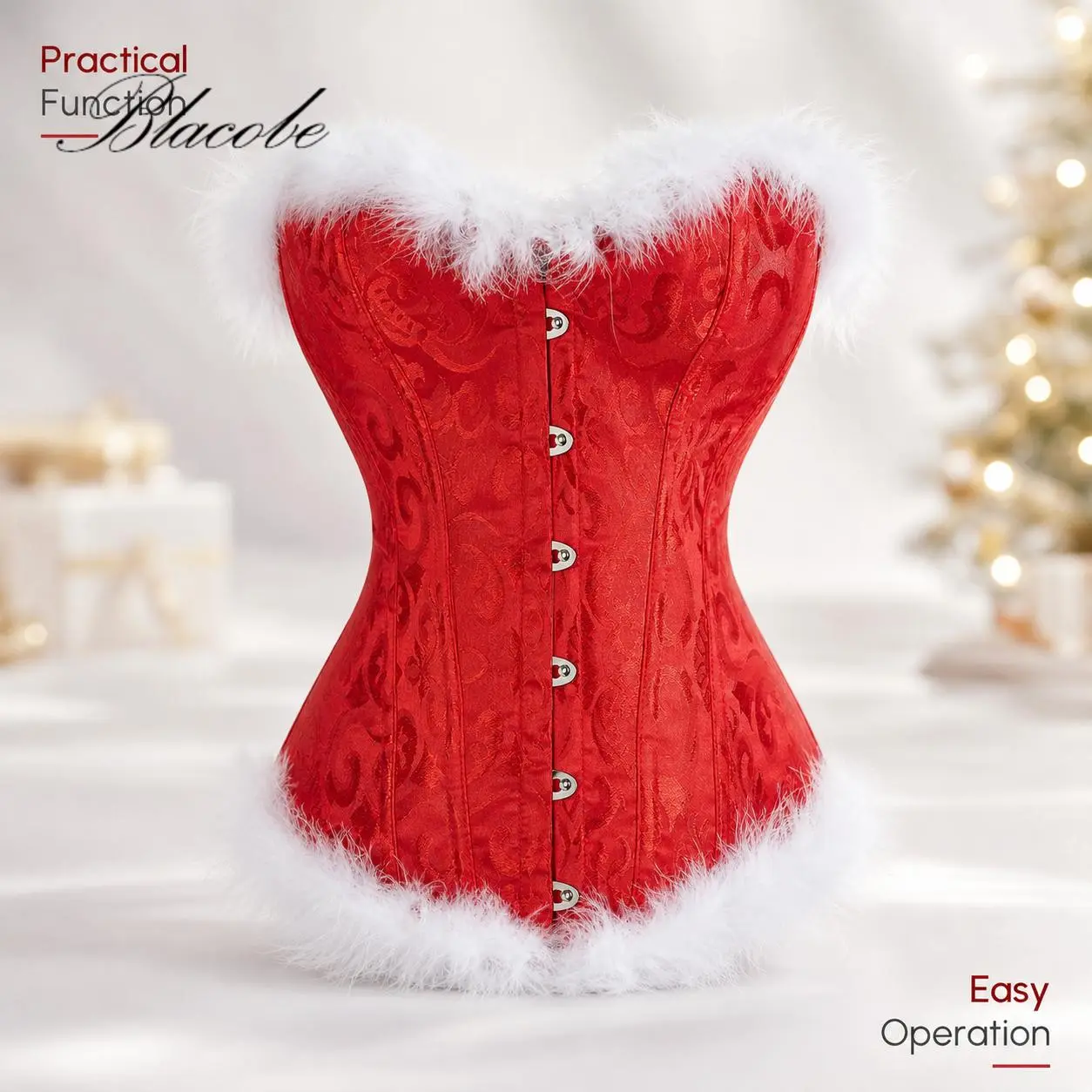 Women's Polyester Christmas Corset Top - Flower Print, Feather Trim, Front Buckles, Back Tie-Up Shapewear for Cosplay, Halloween Party