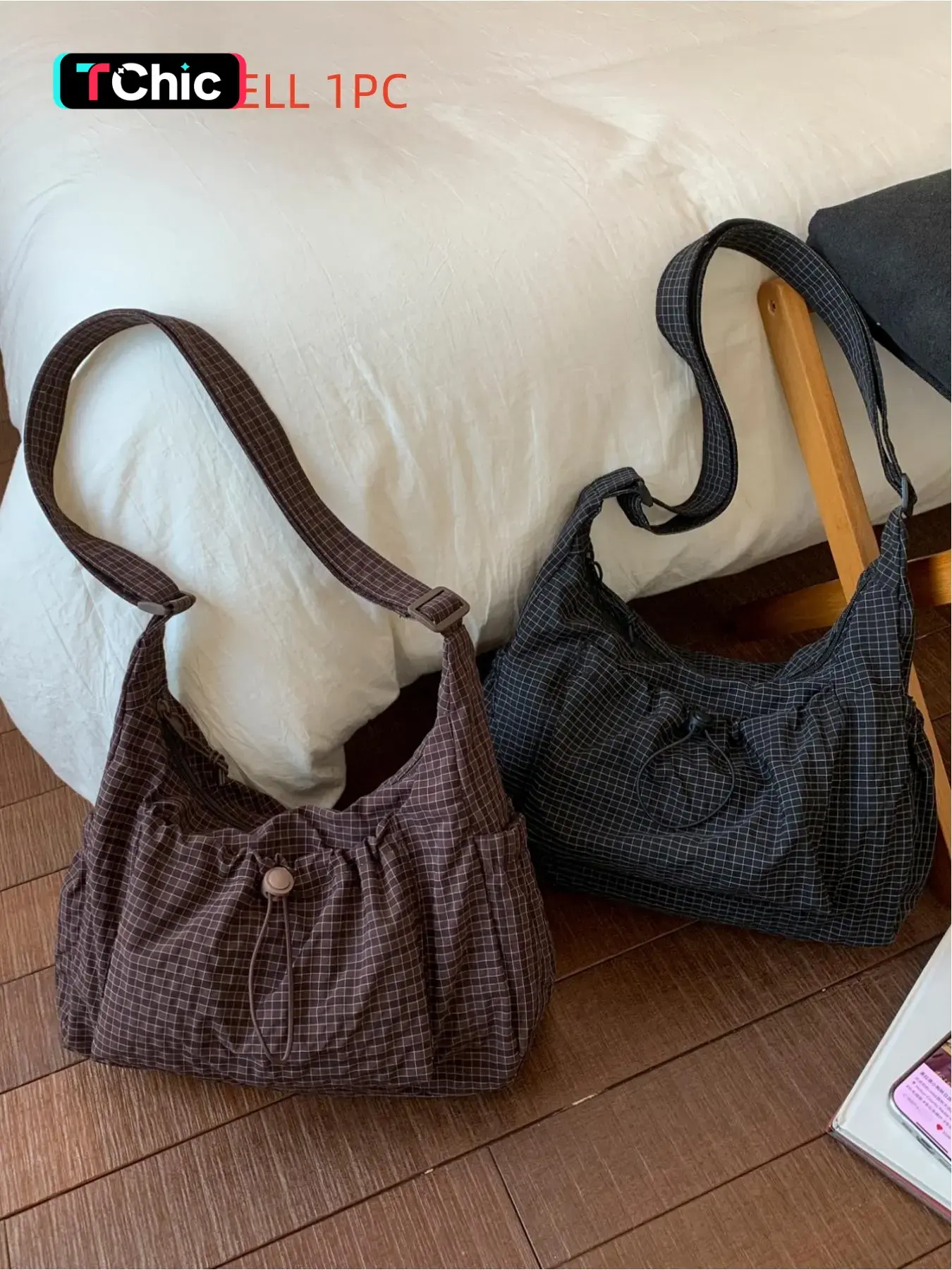 Simple Plaid Butterfly Print Bag, Velvet Polka Dot Design, Large Capacity Crossbody Shoulder Bag, Zip Closure, Casual All-Season Accessory, Casual Fashion Bag
