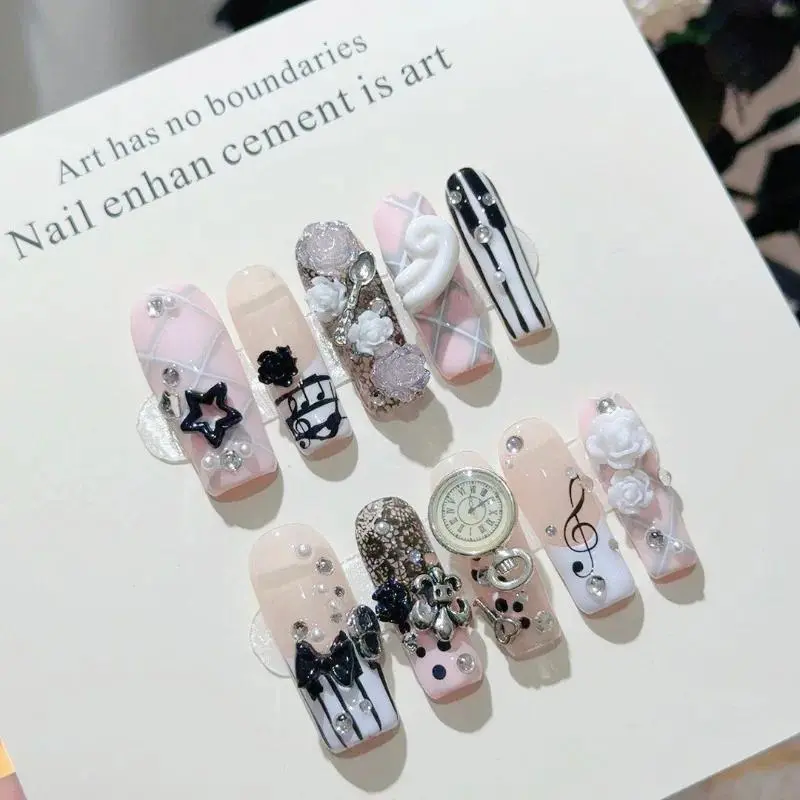Musical Notes Retro Vintage Gyaru French Handmade Press On Nails 3D Rose Bow Pearl Pink Fake Nails Y2K Cute Long Coffin Nail Art