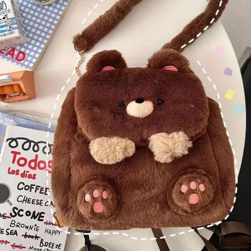 Cute Plush Bear Cartoon Backpack, Large Capacity Storage School Bag, Versatile Convertible Crossbody Daypack, Soft Animal Print Bookbag for Daily School Travel & Casual Outings
