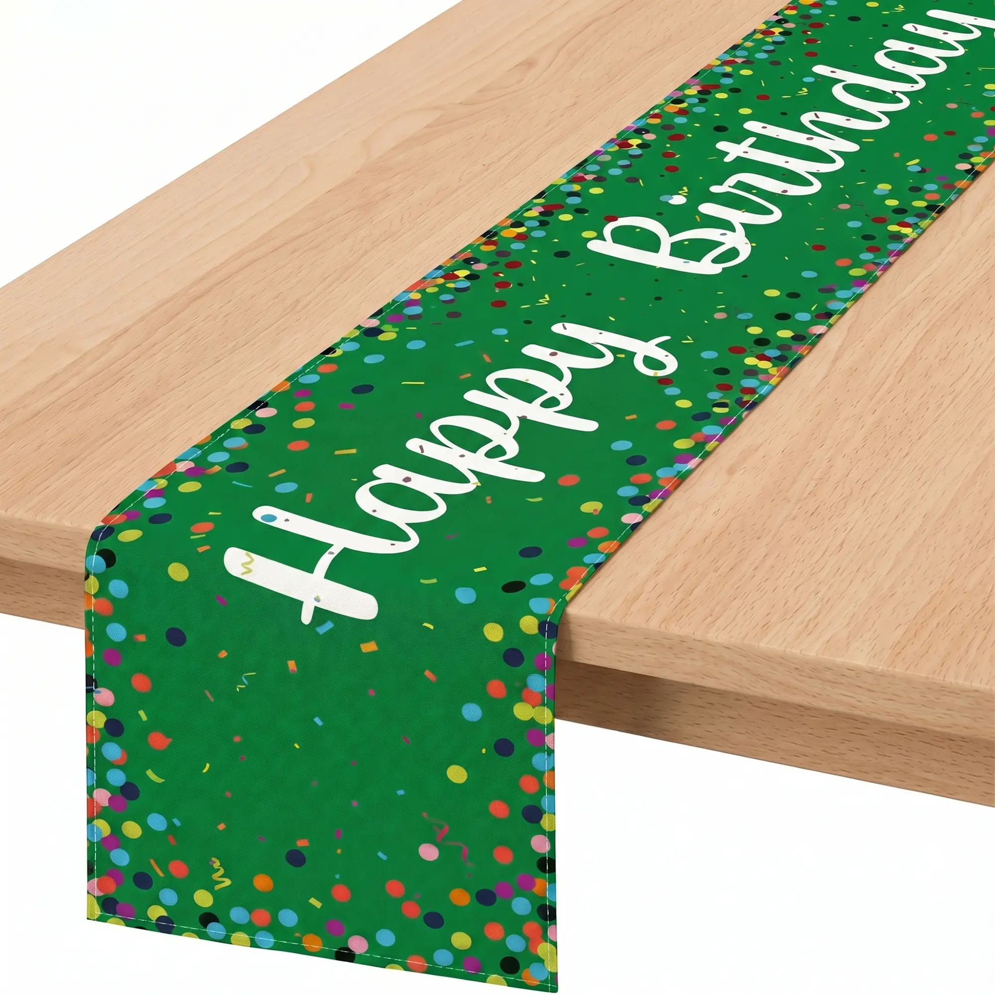 Happy Birthday Table Runner – Green Confetti Party Decor with Colorful Dots, Washable Polyester Tablecloth Banner for Birthday Cake Table, Wall Backdrop & Party Supplies