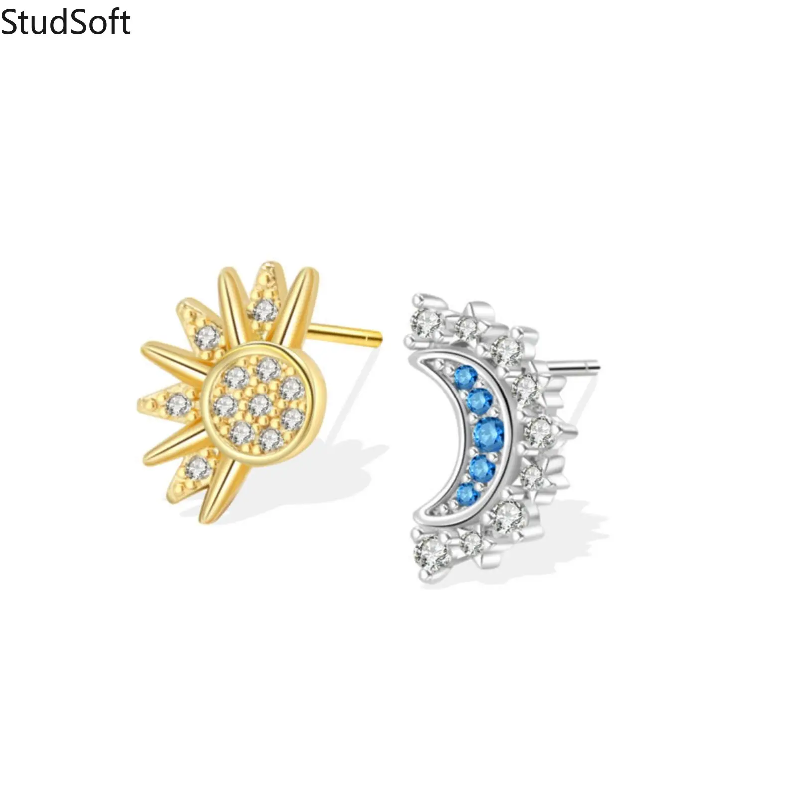 Women 925 Sterling Silver Stud Earrings Asymmetric Sun Moon Set Fashion Blue Cubic Zirconia Celestial Jewelry Cute Birthday Gift for Her Girlfriend Girls