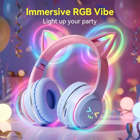 Cat Ear Bluetooth Headset with RGB Light-Up Effect, Long Battery Life, Gradient Color Wireless On-Ear Earphones, Compatible with Mobile Devices for Gaming & Communication Wireless Bt Headphones